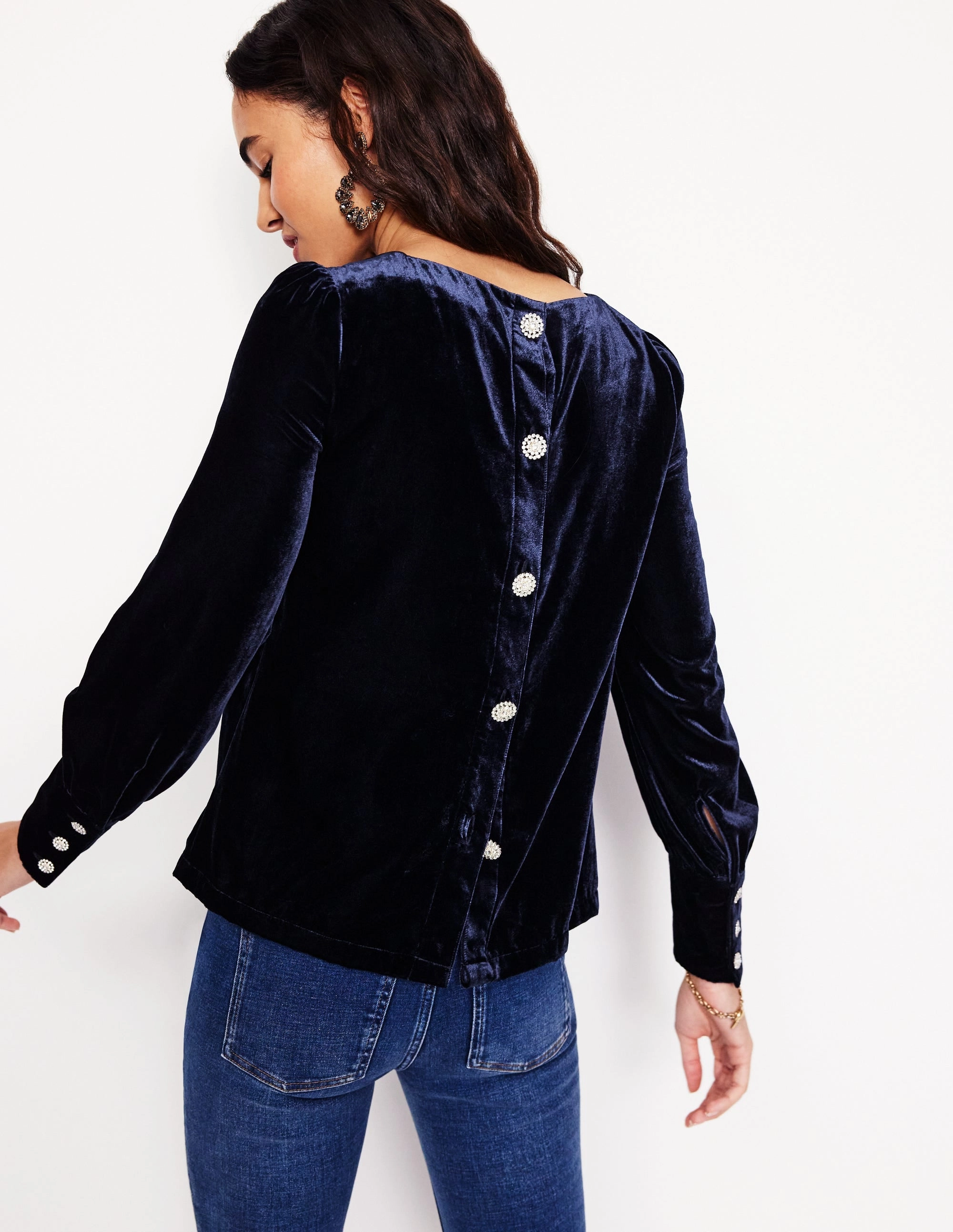 Button Back Velvet Top-Navy Customer Favorite