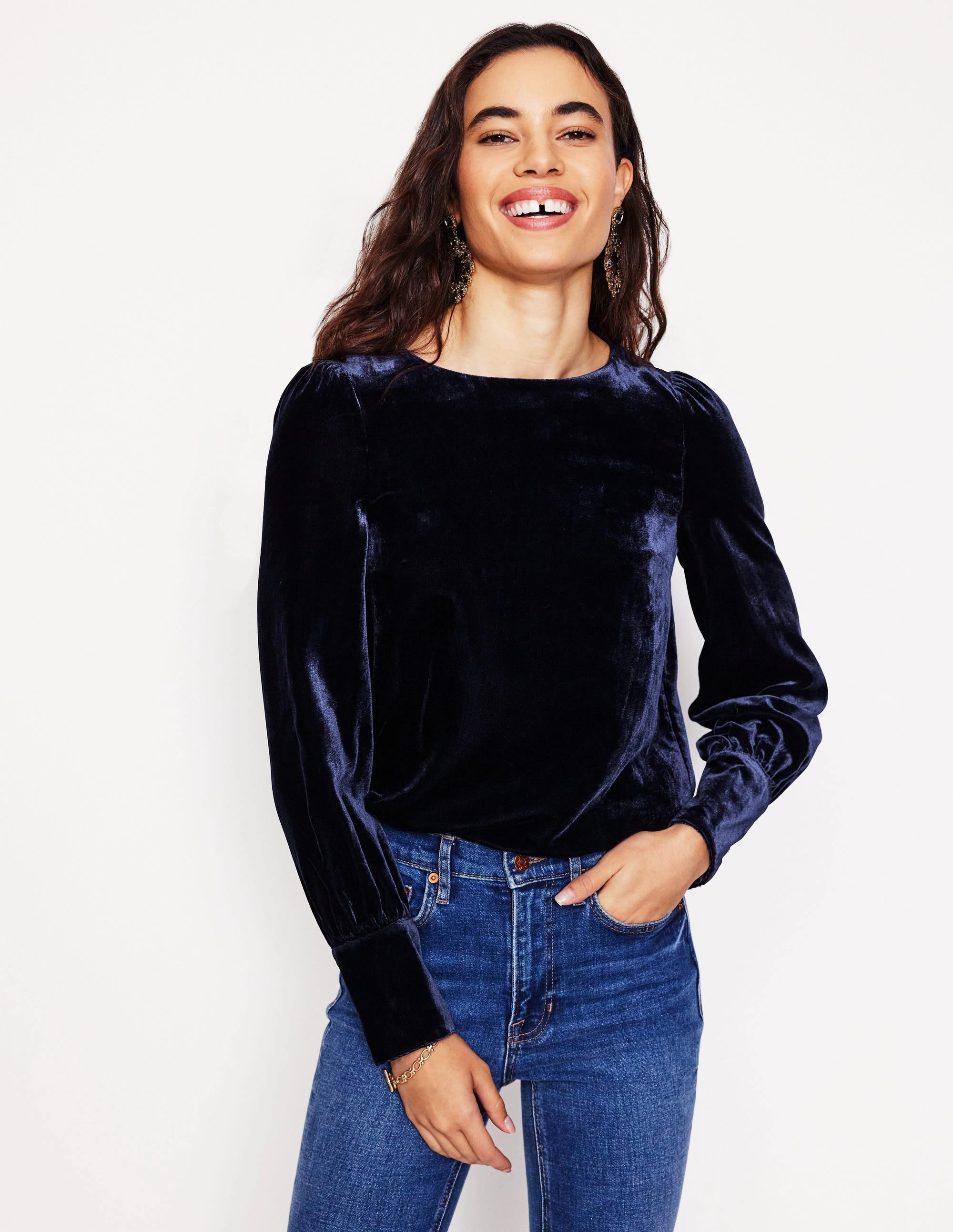 Soft And Comfortable discount offer Button Back Velvet Top-Navy