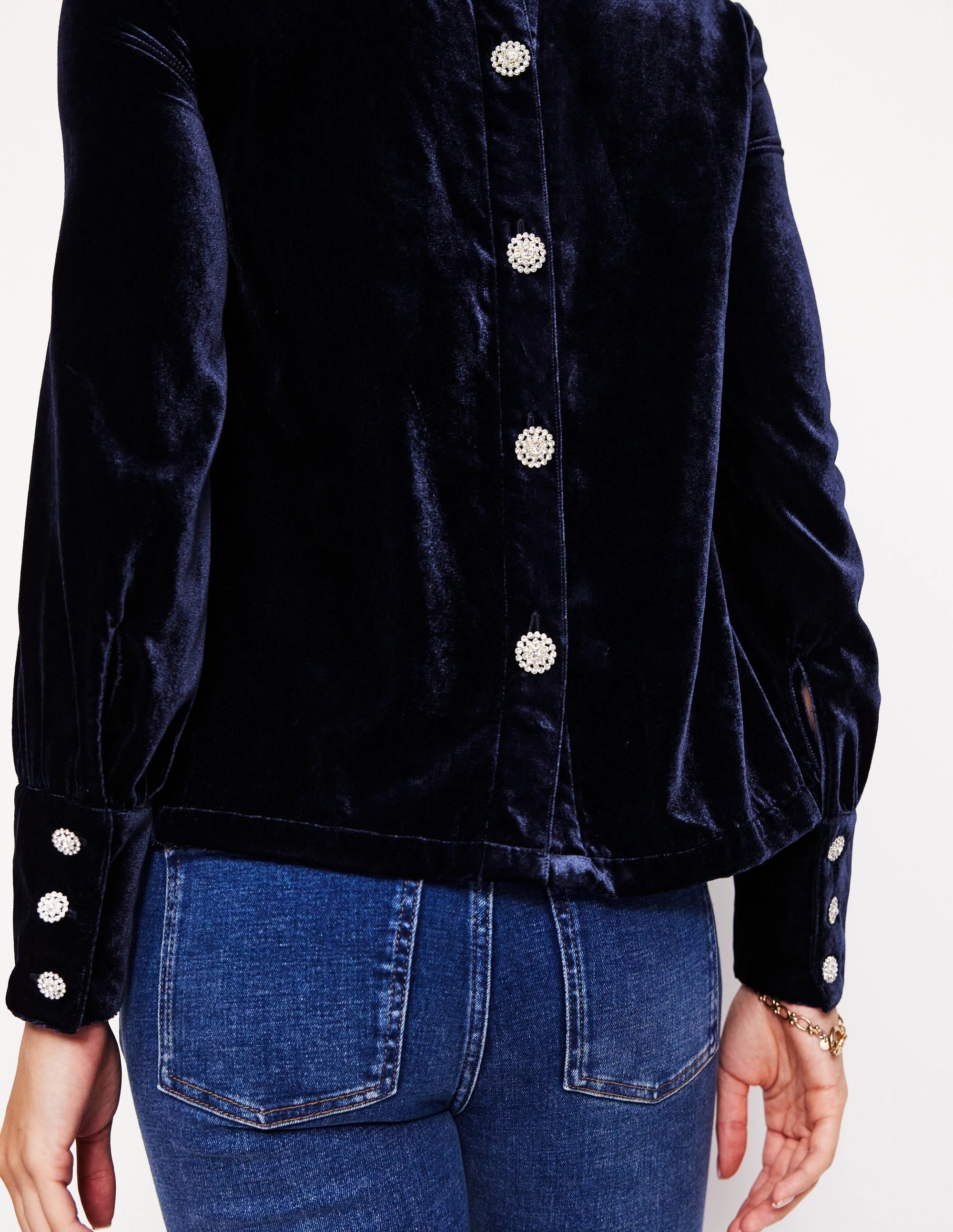 GentleWashResistance Button Back Velvet Top-Navy