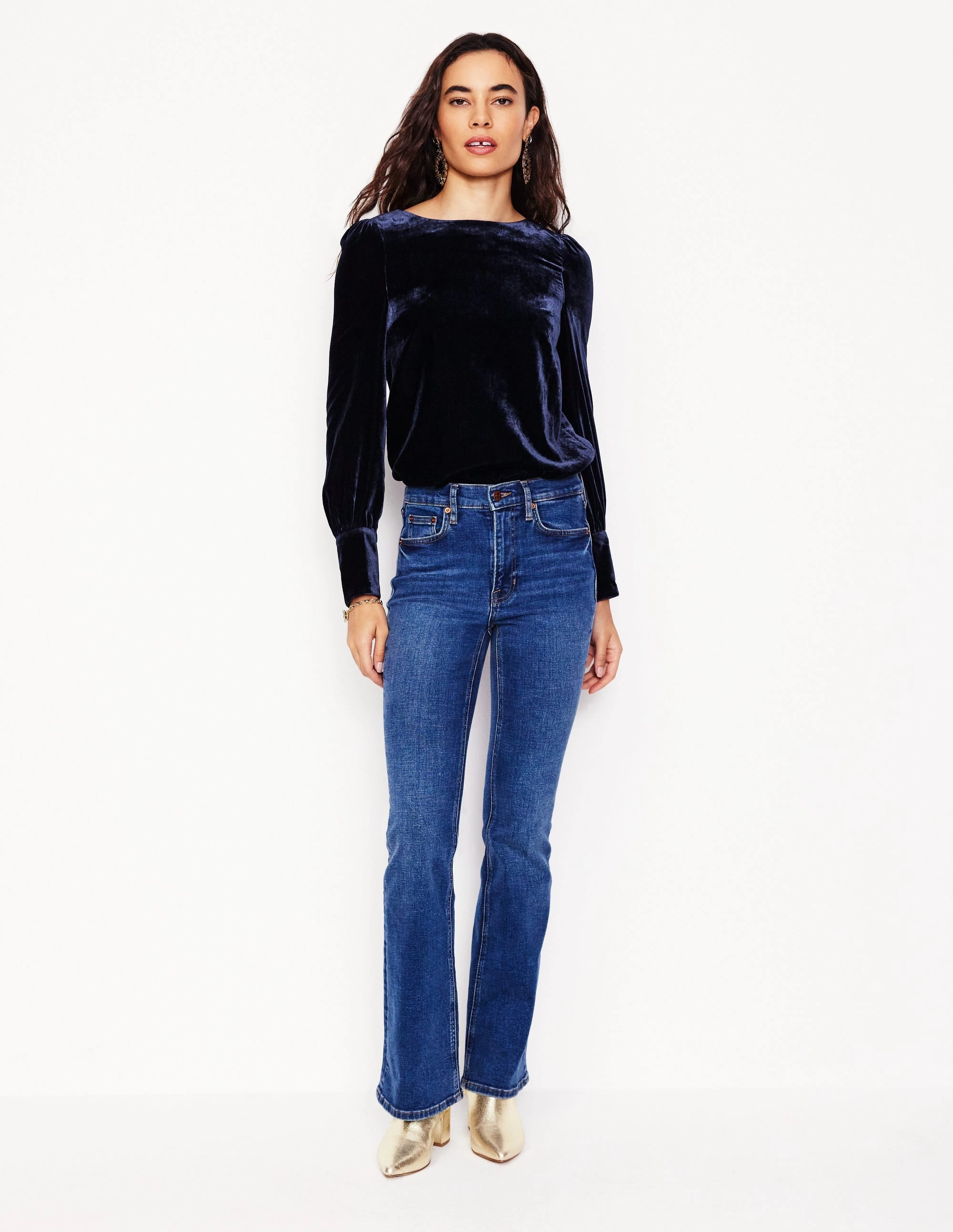 Button Back Velvet Top-Navy Fashionable Option Cool Layering