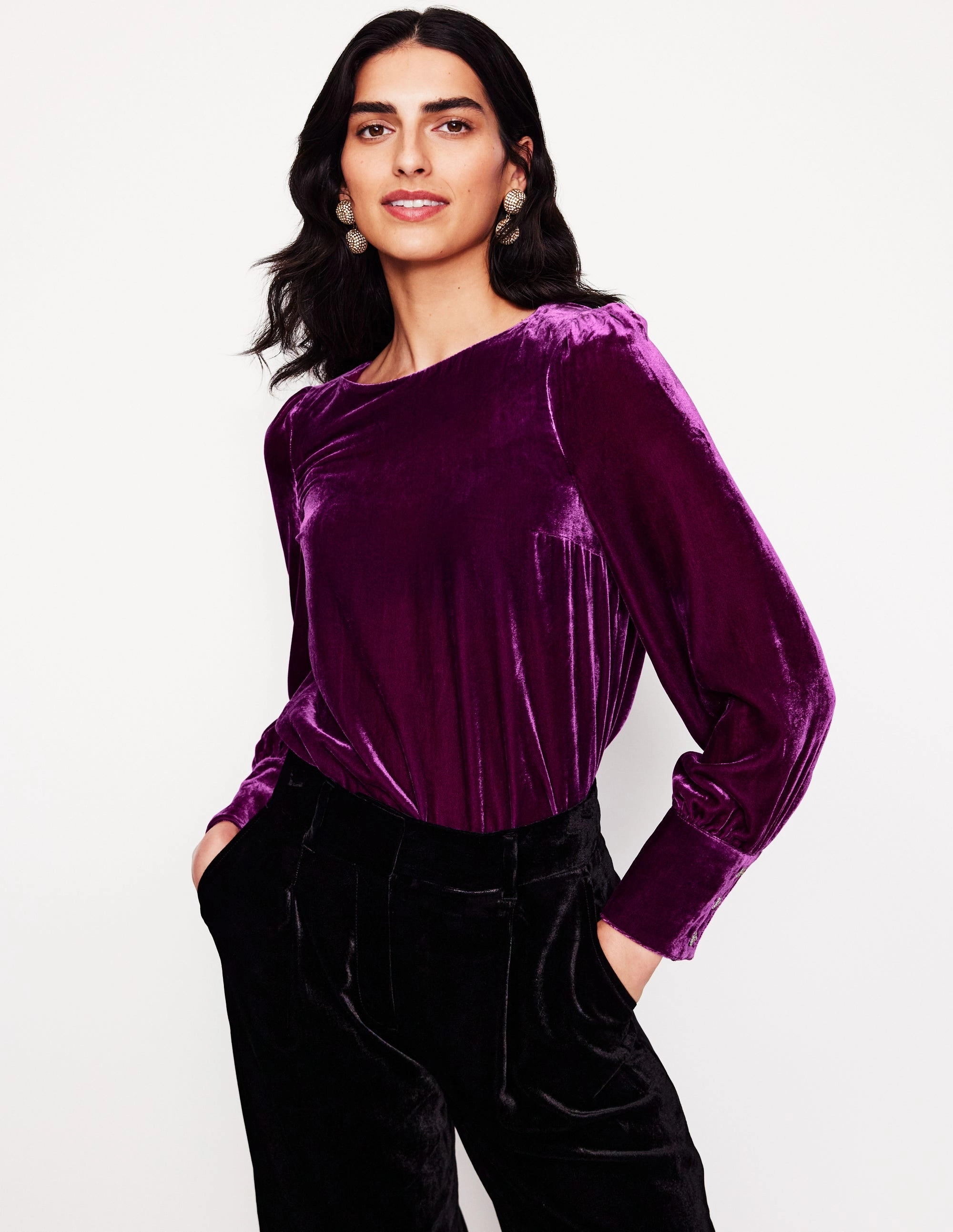 Relaxed Fit Design Eco Certified Fiber Button Back Velvet Top-Regal Purple