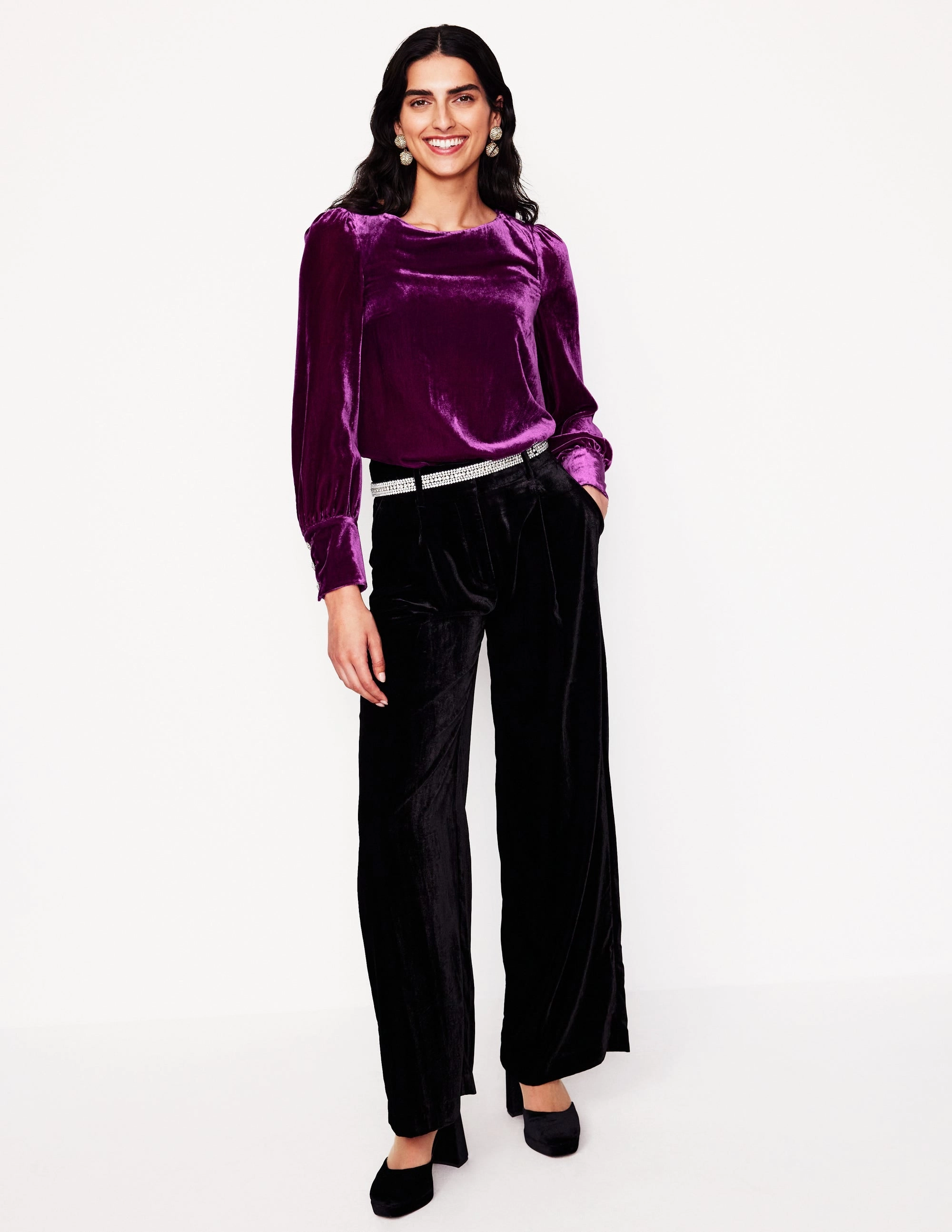 Button Back Velvet Top-Regal Purple NoSideSeams Comfy Essentials Wear