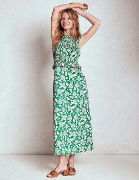 Edgy Layers Special-Occasion Carolina Smocked Midi Dress-Rich Emerald, Ornate Vine