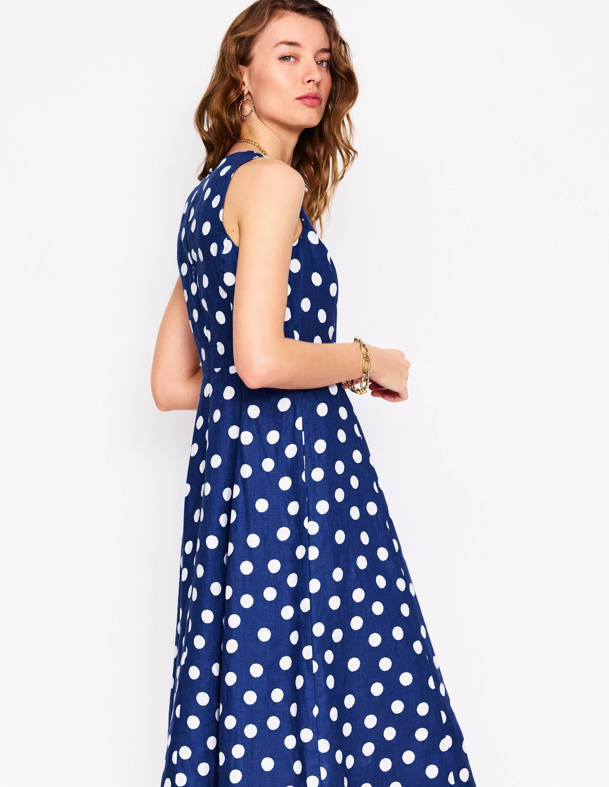 Carla Linen Midi Dress-Starboard Blue, Painted Dot Flattering Cut