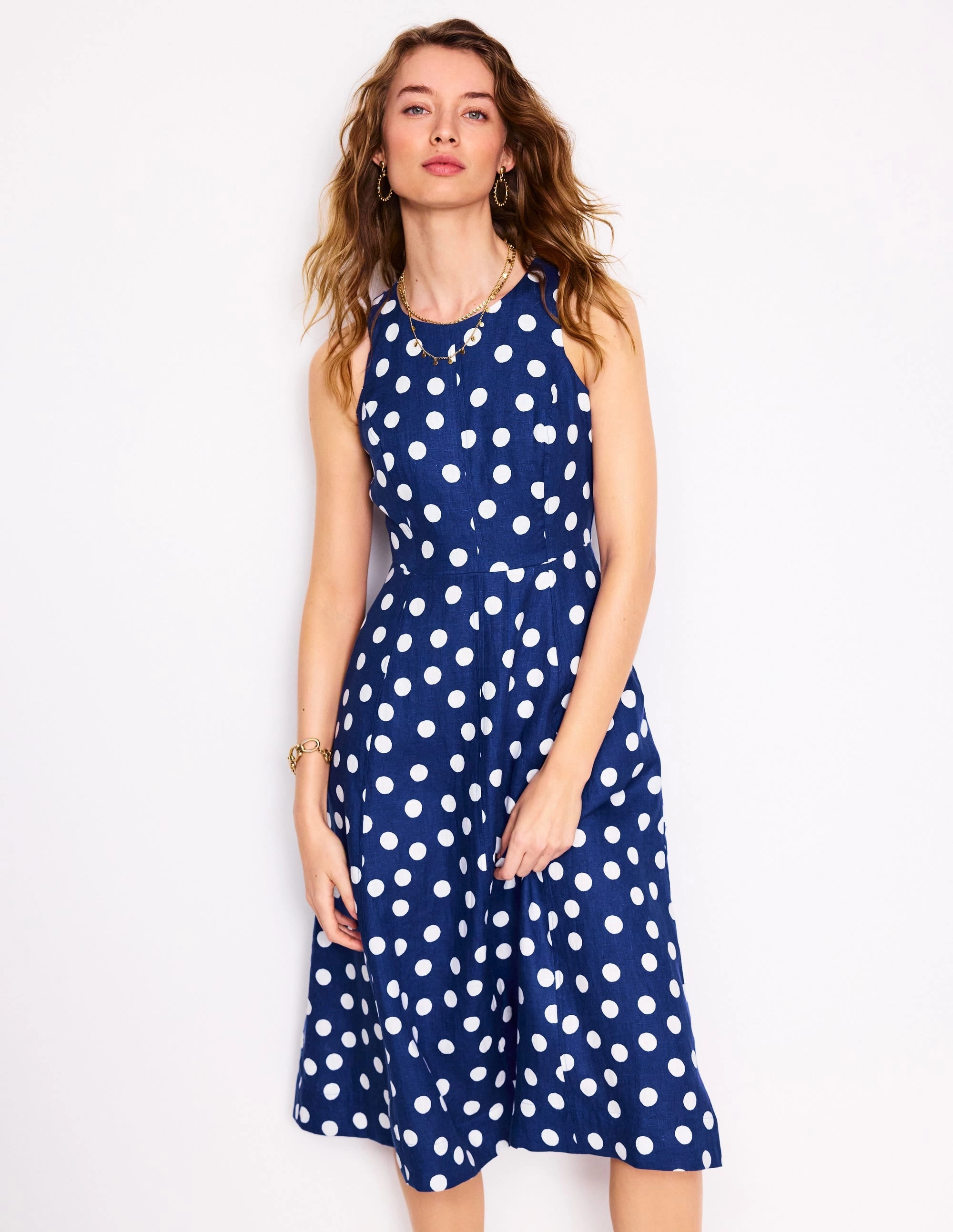 Pure Aesthetic Carla Linen Midi Dress-Starboard Blue, Painted Dot