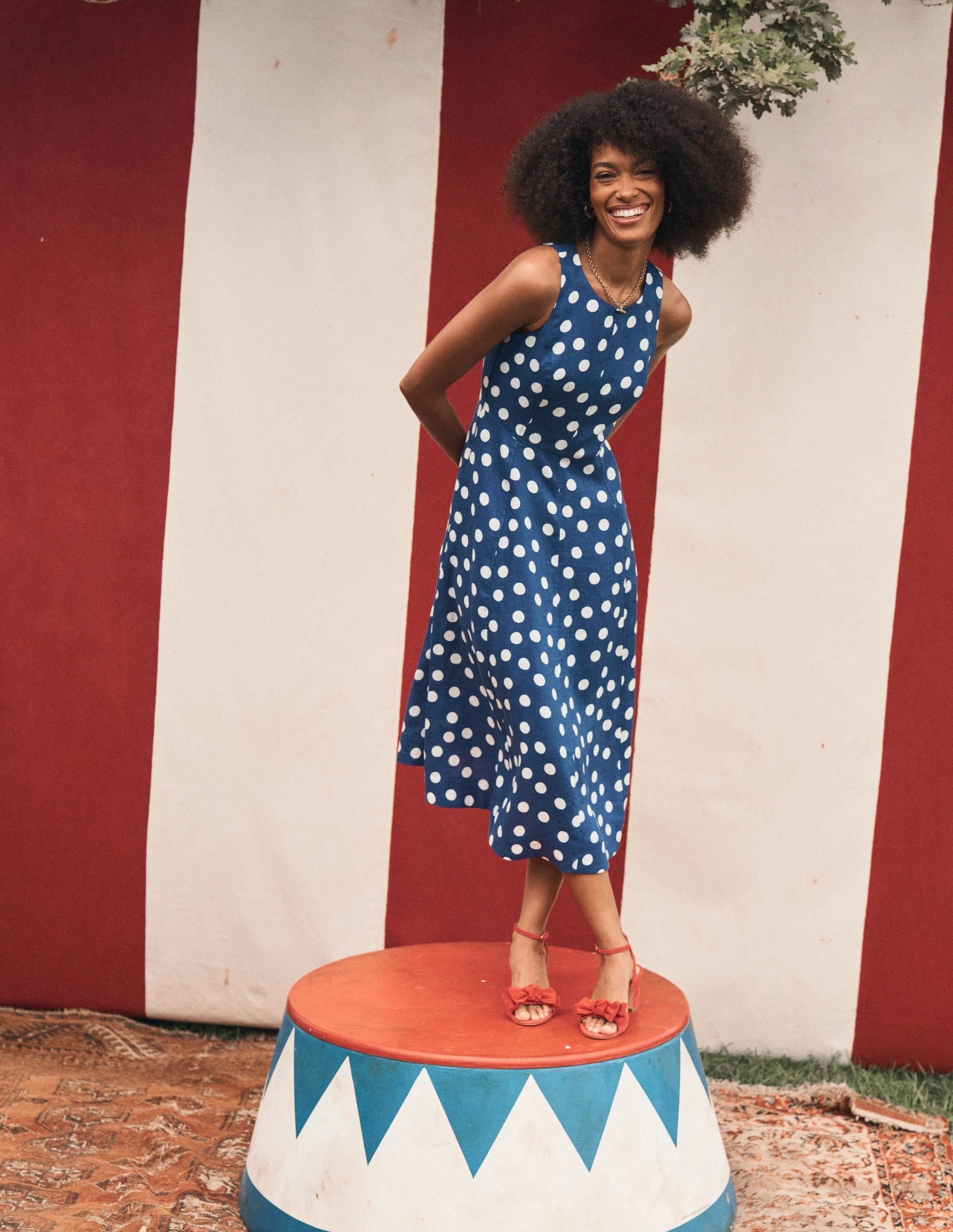 Smart Edge Carla Linen Midi Dress-Starboard Blue, Painted Dot