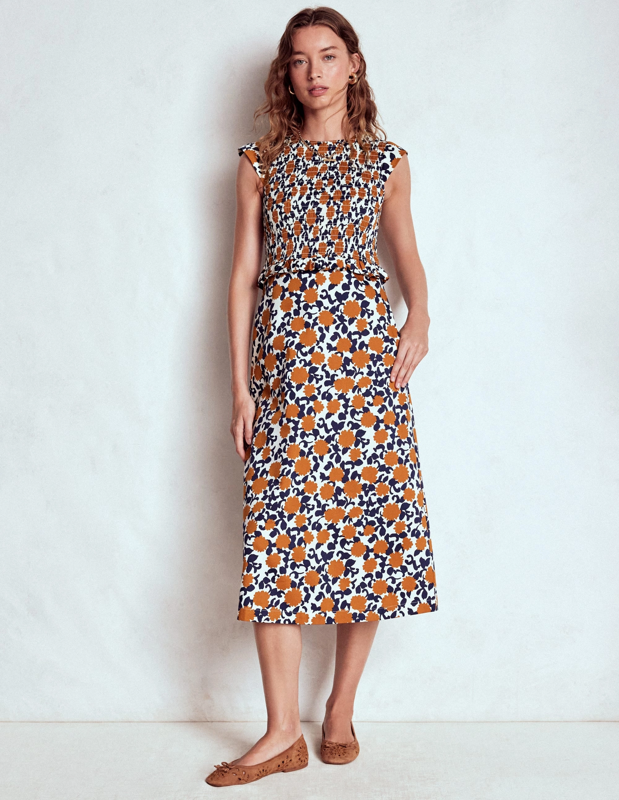 Carolina Smocked Midi Dress-Cognanc, Floweret Vine Cool Tone Effortless Pair