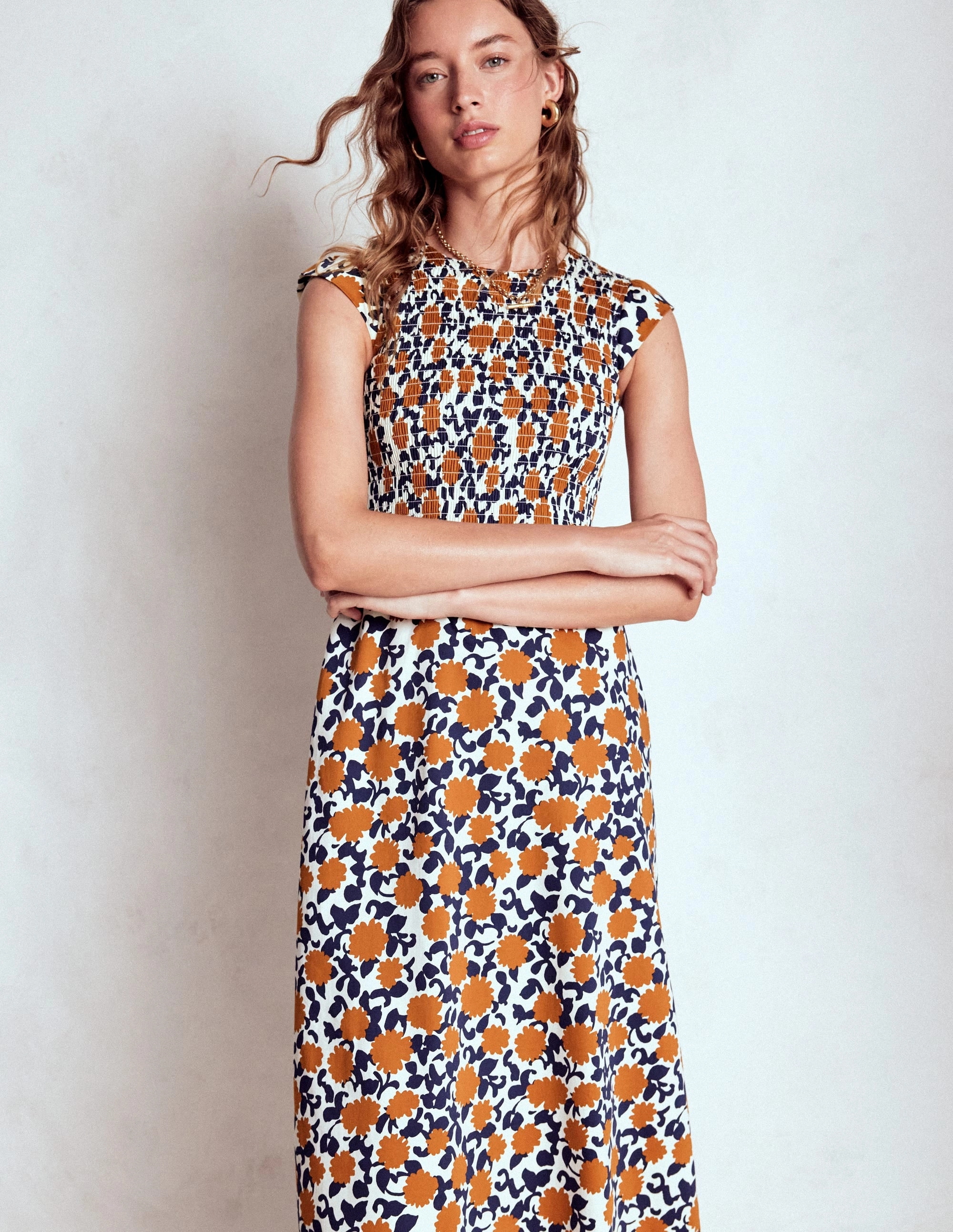 Stylish Look Trendy Piece Carolina Smocked Midi Dress-Cognanc, Floweret Vine