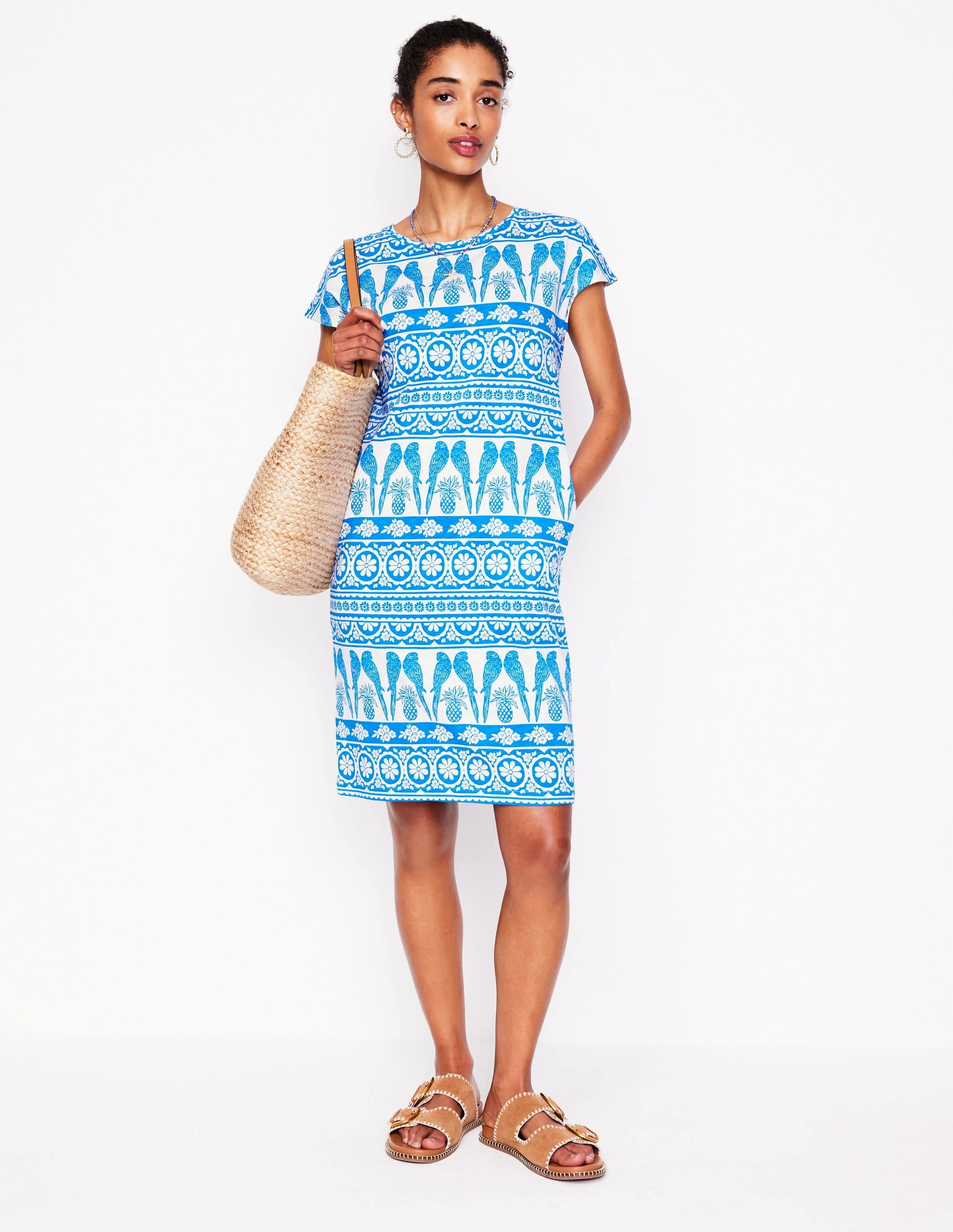Balanced Look Rhinestone-Detail Leah Jersey T-shirt Dress-Cerulean Blue, Ornate Tropic