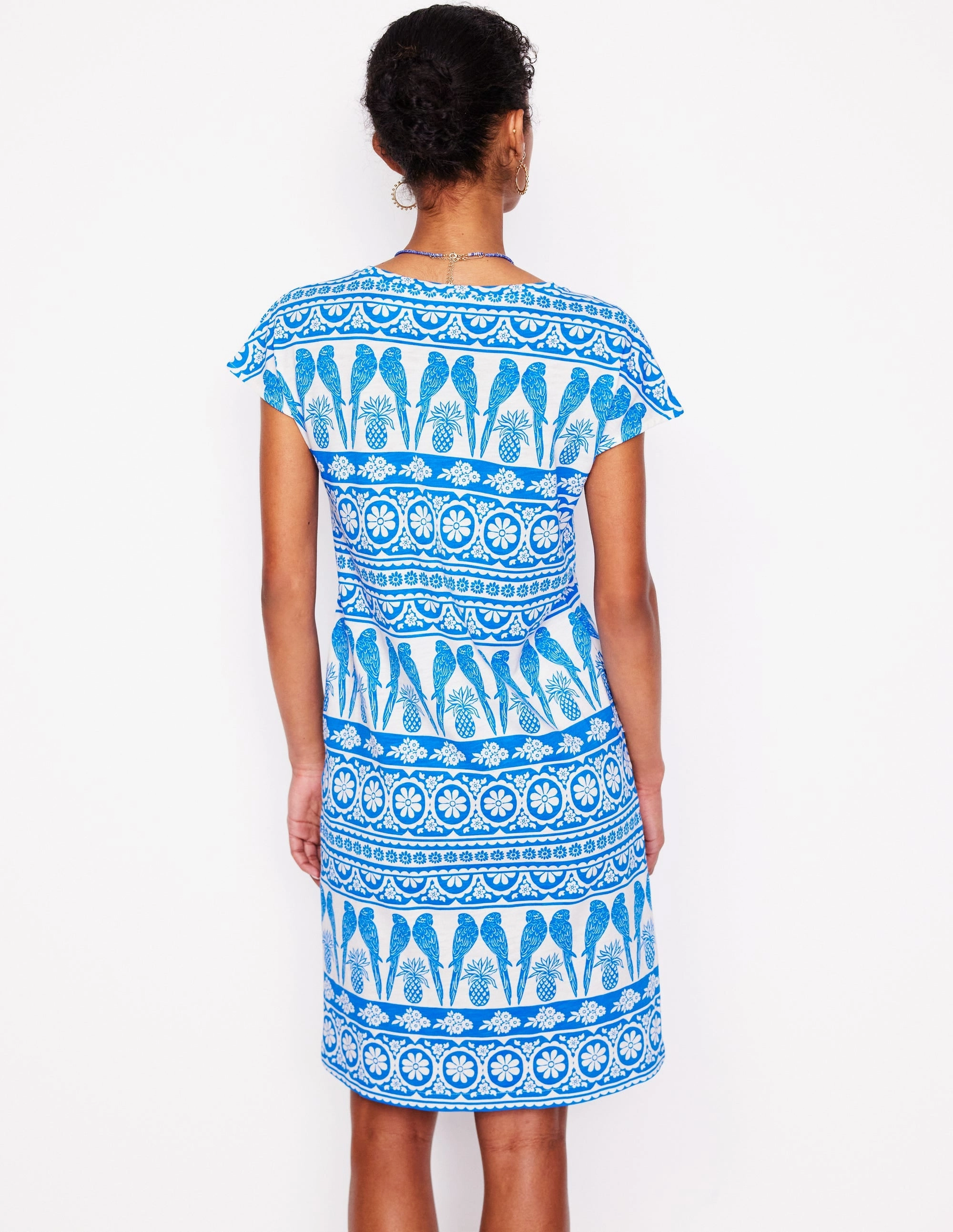 Leah Jersey T-shirt Dress-Cerulean Blue, Ornate Tropic Casual Feel