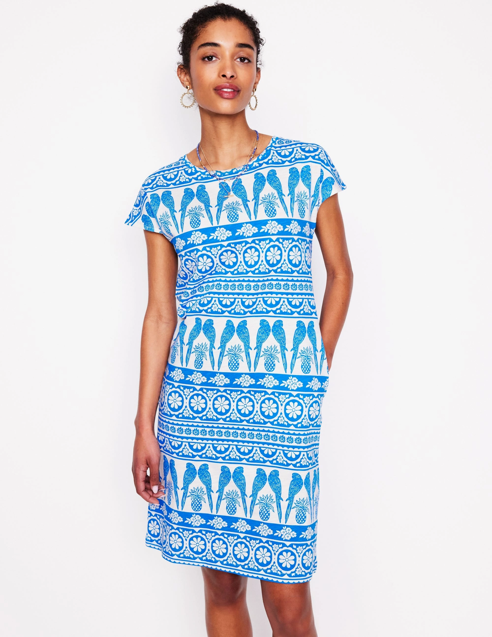 Cool Movement WrinkleResistantFinish Leah Jersey T-shirt Dress-Cerulean Blue, Ornate Tropic