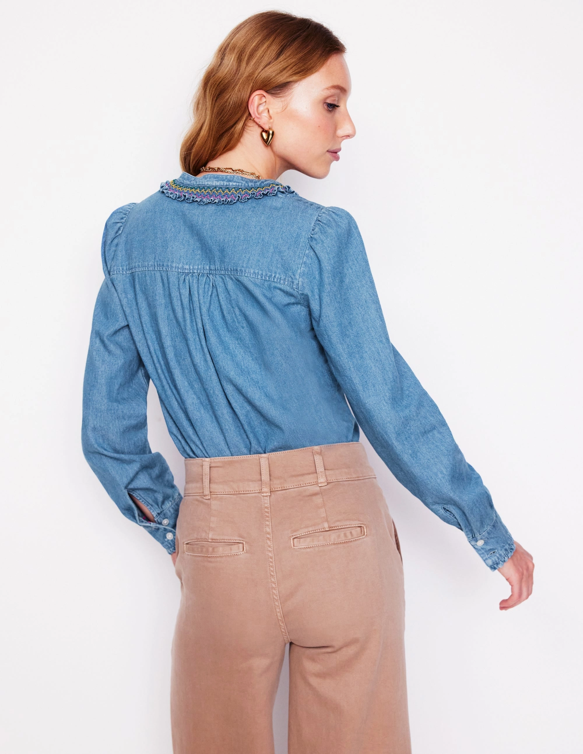 Smocked Neck Denim Shirt-Light Authentic Spring Wear Effortless Comfort Design