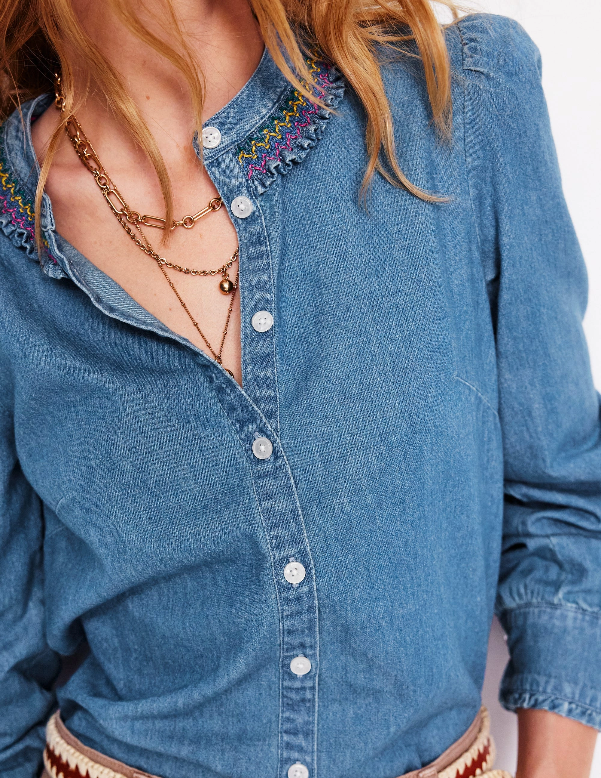 Smocked Neck Denim Shirt-Light Authentic Timeless and Chic All-Day Stretch