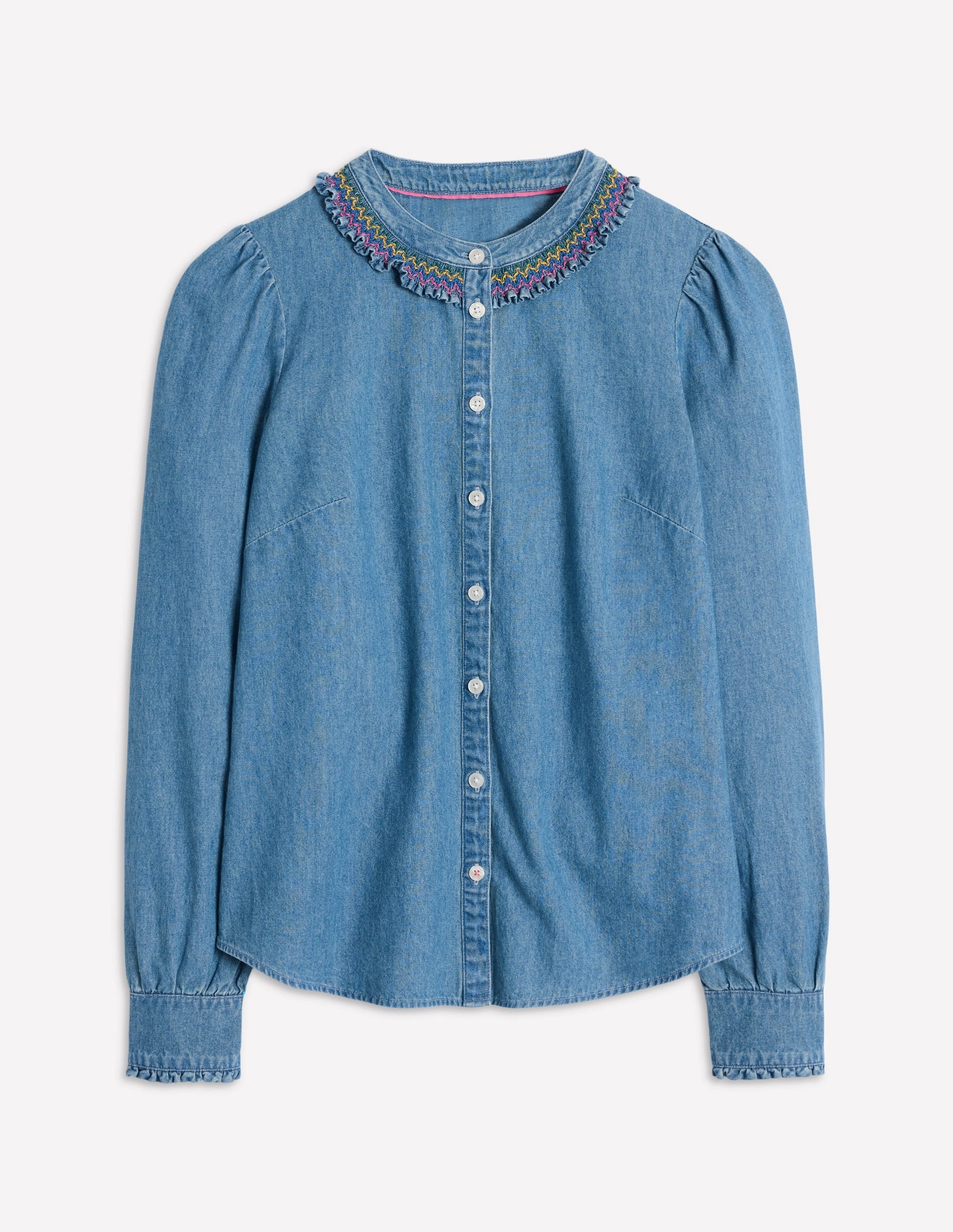 Relaxed Wear Fit Smocked Neck Denim Shirt-Light Authentic