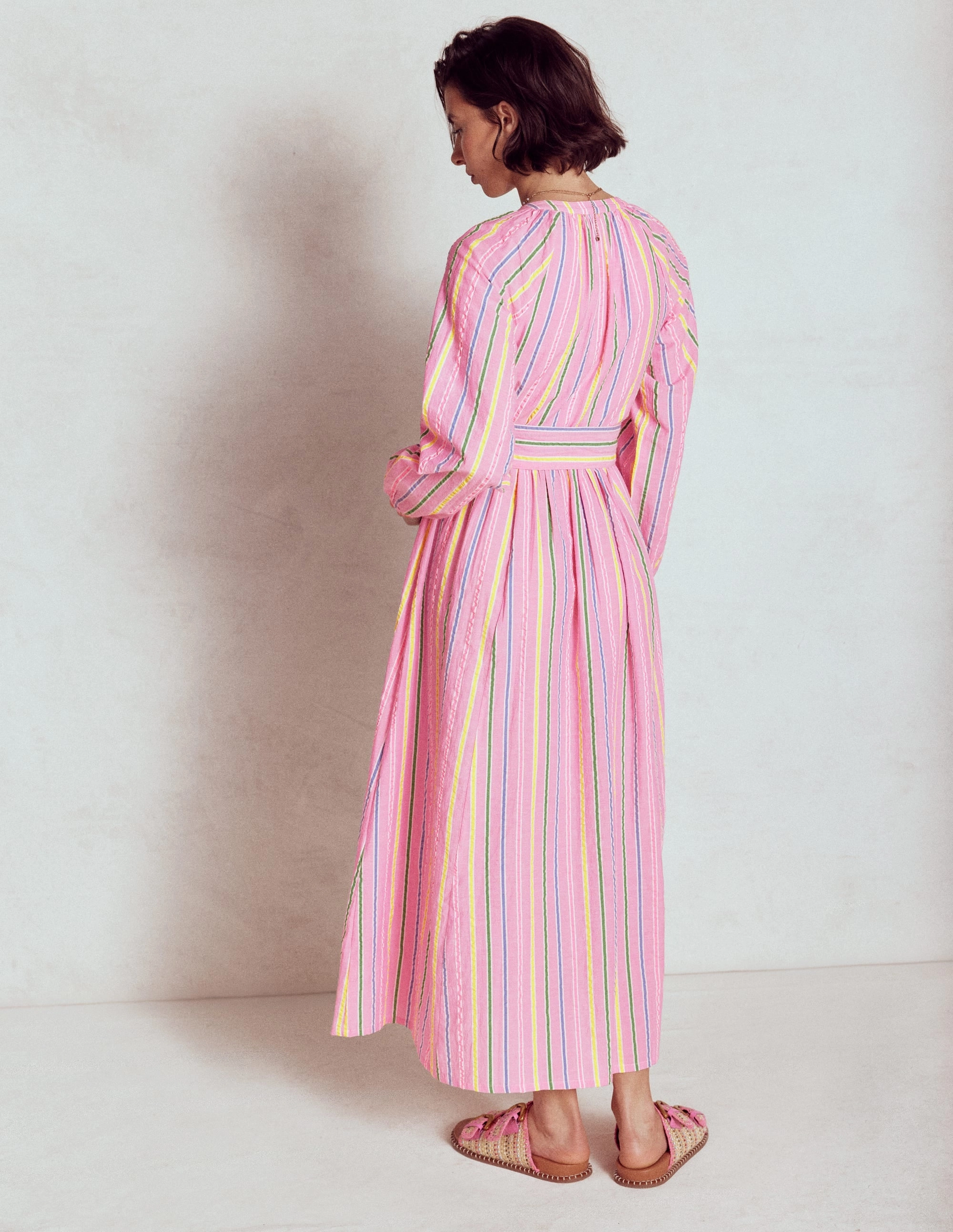 Faye Cotton Maxi Dress-Sorbet Pink, Seersucker Stripe Fitted Look Soft Colorway