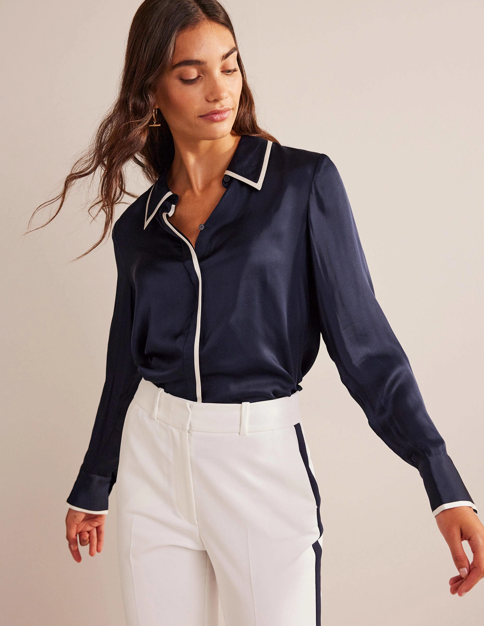 Breathable Style Straight Satin-Tipped Shirt-Navy