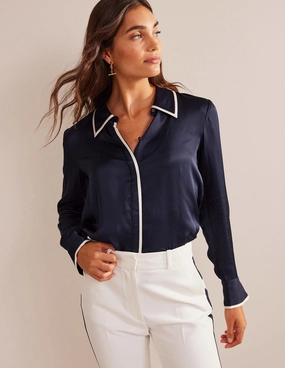 Light Fit Wear Elastic Fit Straight Satin-Tipped Shirt-Navy