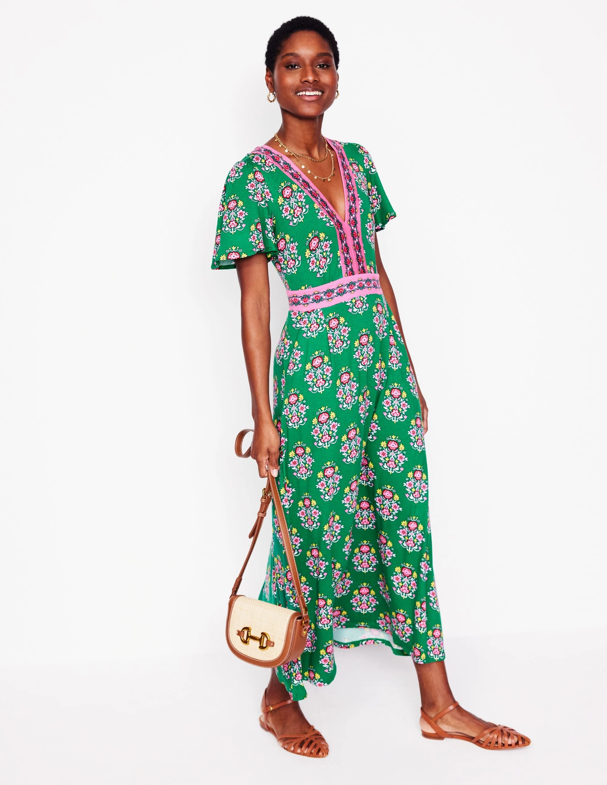 Casual Feel Ellie Flutter Maxi Tea Dress-Rich Emerald, Wildflower Stamp