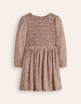 Timeless Style Shirred Bodice Woven Dress-Brown Leopard Print