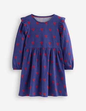 Vibrant color Breathable Posie Long Sleeve Jersey Dress-Starboard Blue Tiny Bows