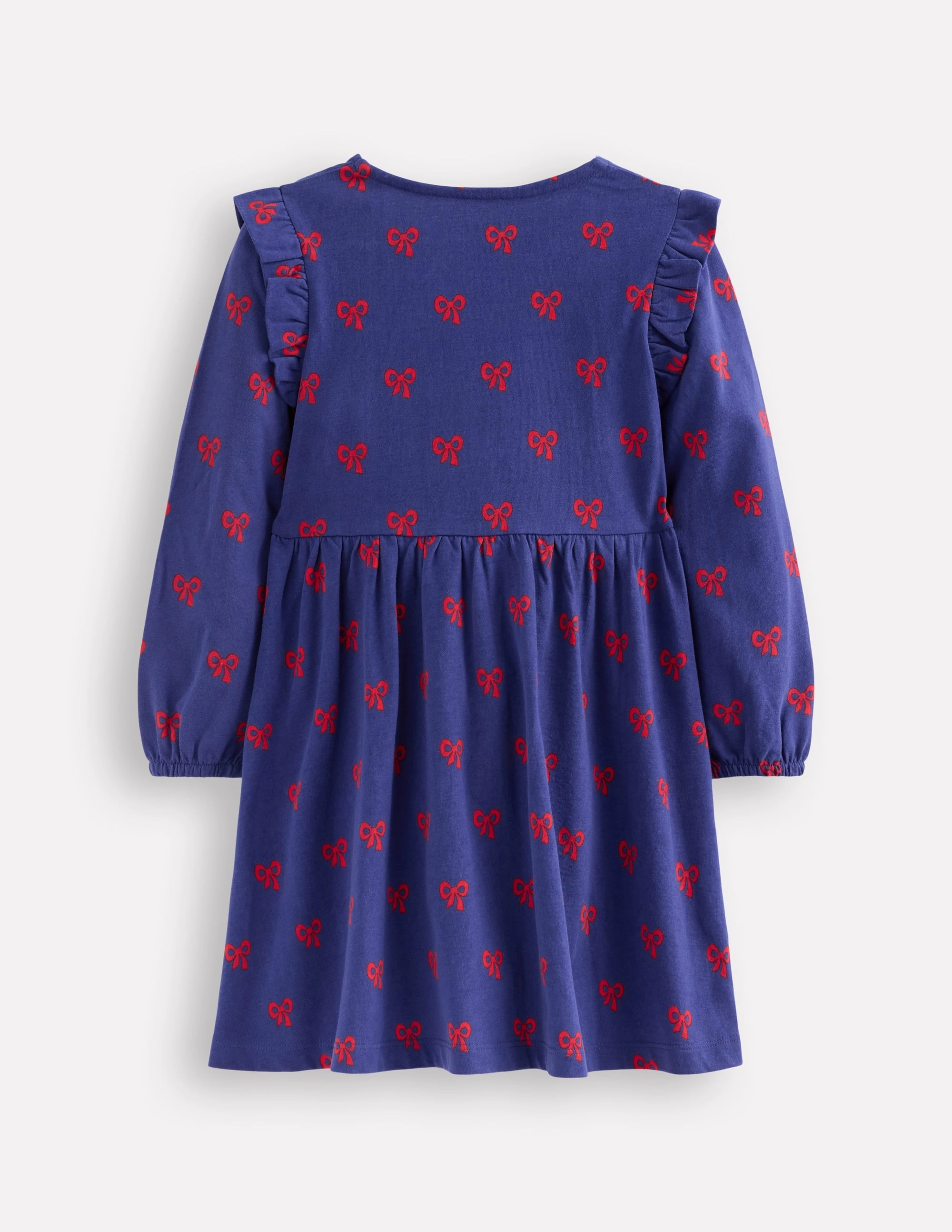 Chic Layering Vibrant Waist Posie Long Sleeve Jersey Dress-Starboard Blue Tiny Bows