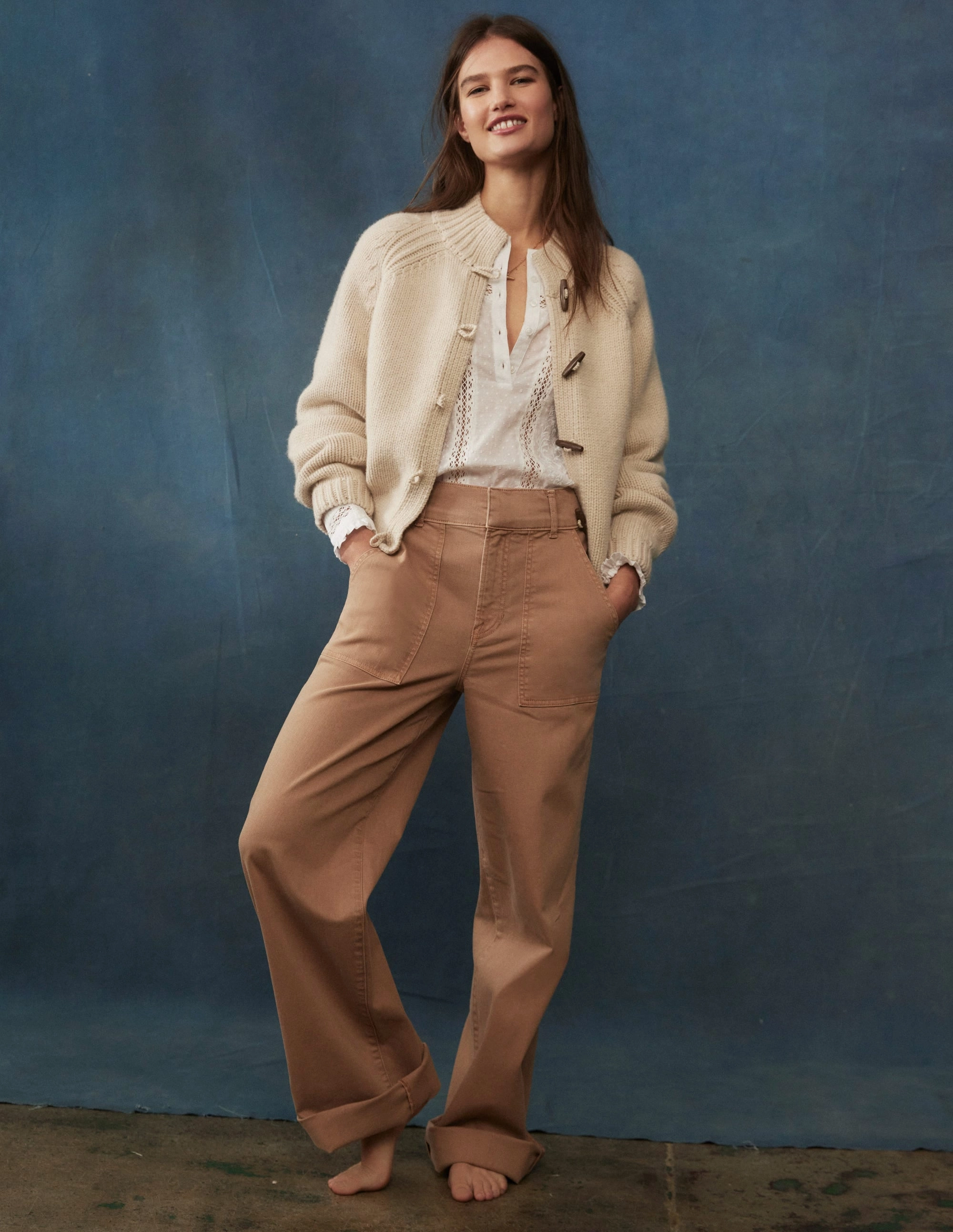 Non Irritating Edging Ventilated Mesh Panel Casual Toggle Cardigan-Warm Ivory