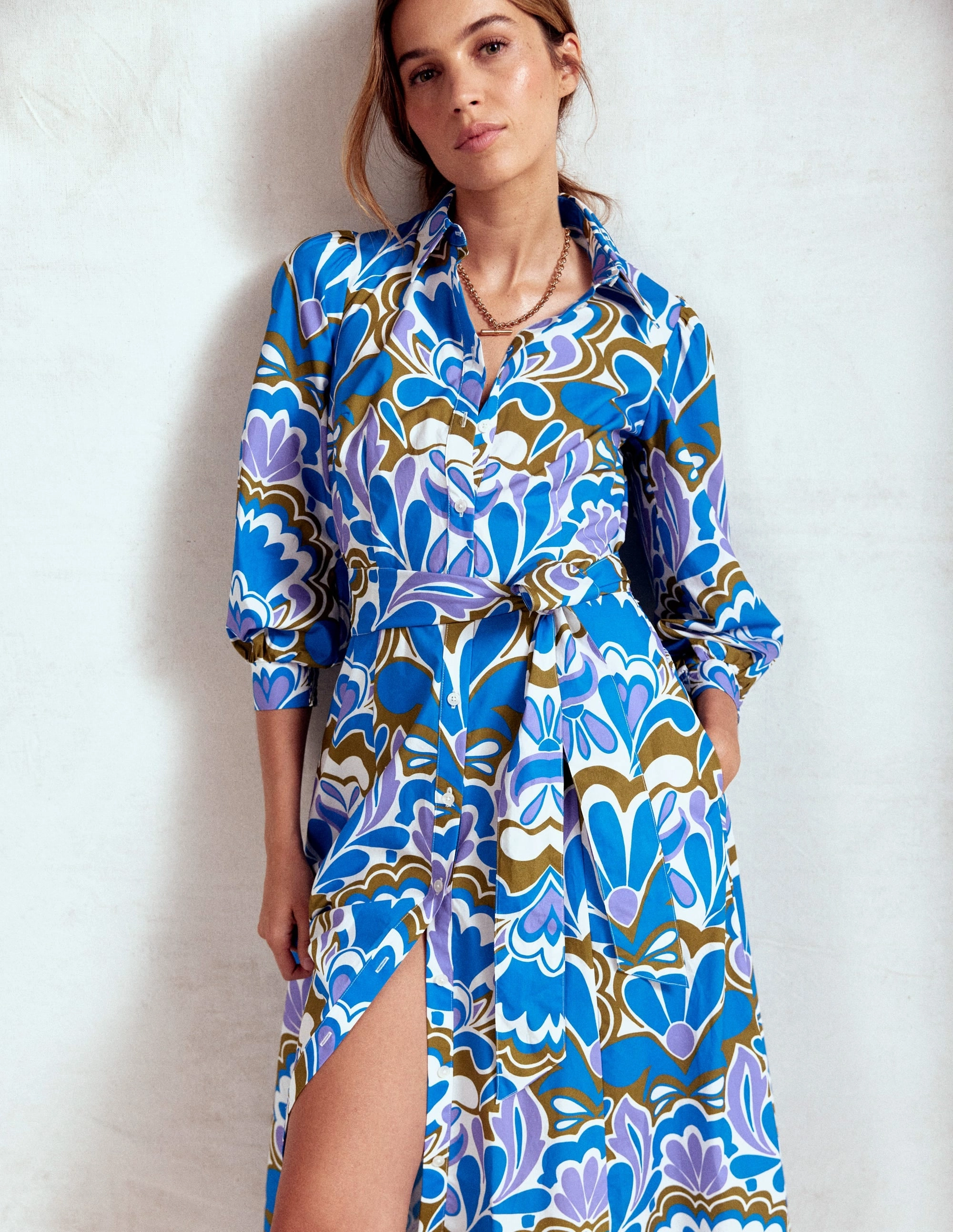 Detachable-Detail flowy style Clara Cotton Shirt Dress-Kingfisher Blue, Freesia Stamp