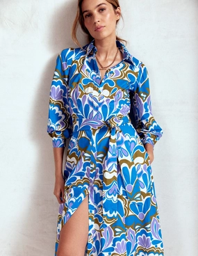 Detachable-Detail flowy style Clara Cotton Shirt Dress-Kingfisher Blue, Freesia Stamp