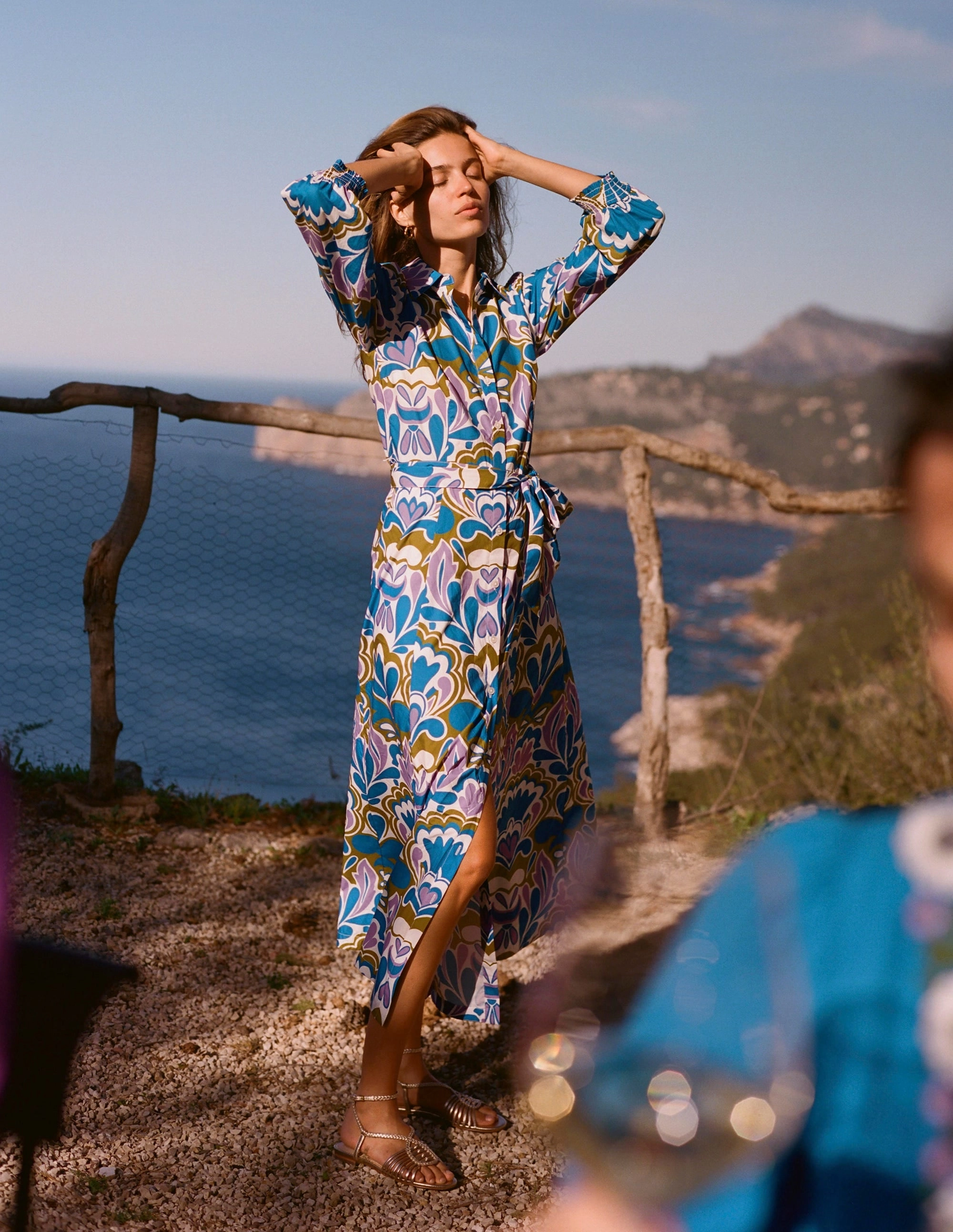 Work Comfort Clara Cotton Shirt Dress-Kingfisher Blue, Freesia Stamp