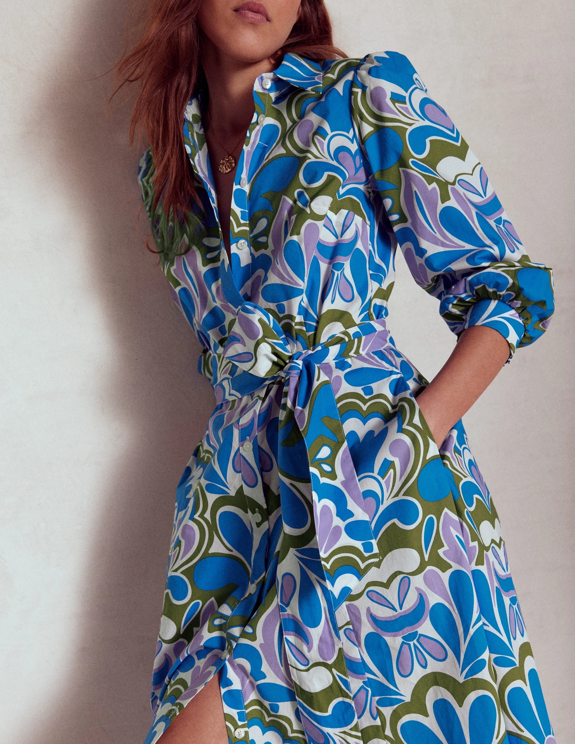 Clara Cotton Shirt Dress-Kingfisher Blue, Freesia Stamp Light and Comfortable Wear