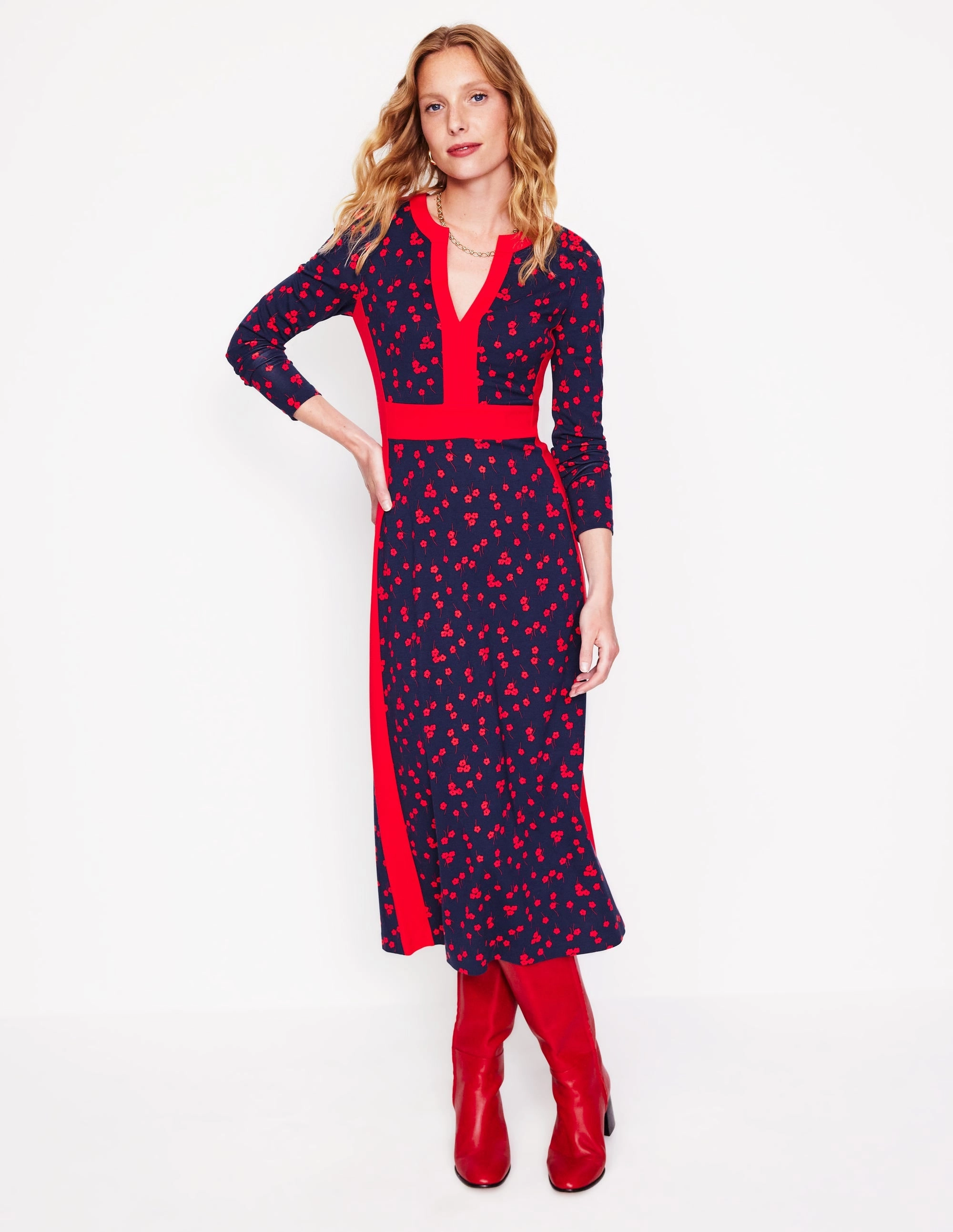Minimalist fit-and-flare Sleek Look Catherine Ponte Midi Dress-Rouge, Fall Sprig