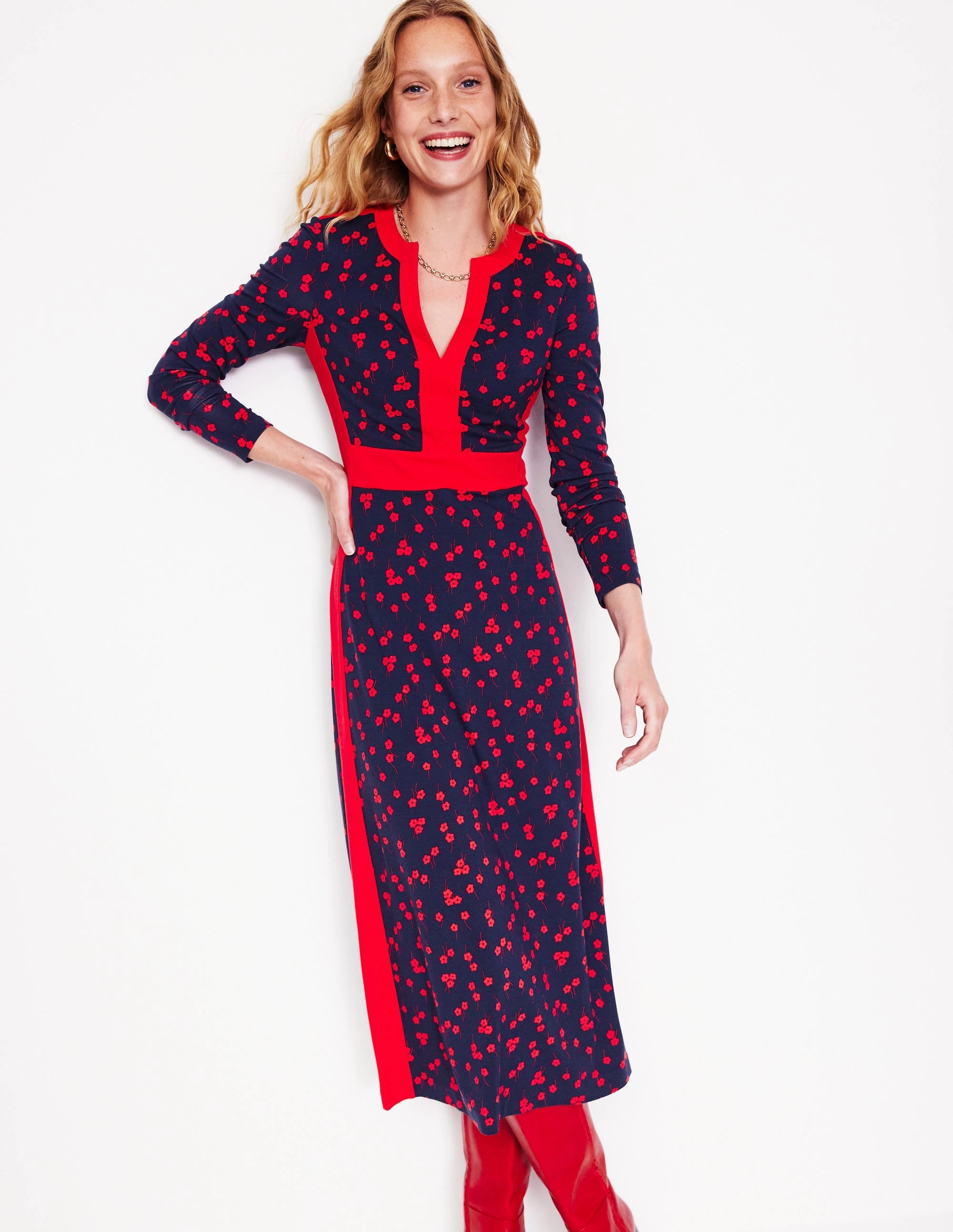 Smooth Drape Eco-friendly Catherine Ponte Midi Dress-Rouge, Fall Sprig