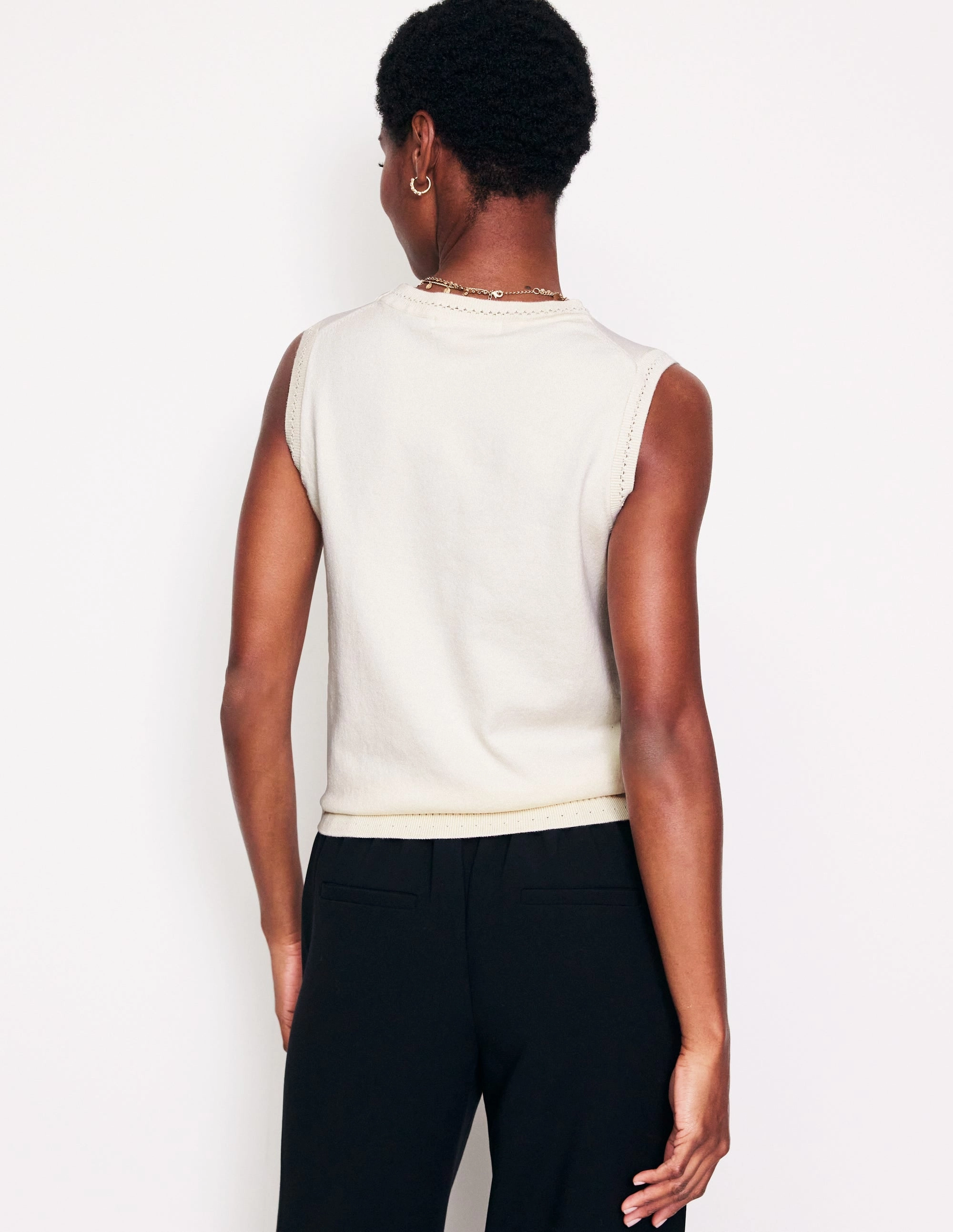 Catriona Crew Neck Cotton Tank-Warm Ivory Chic Look Tonal Stitching Detail