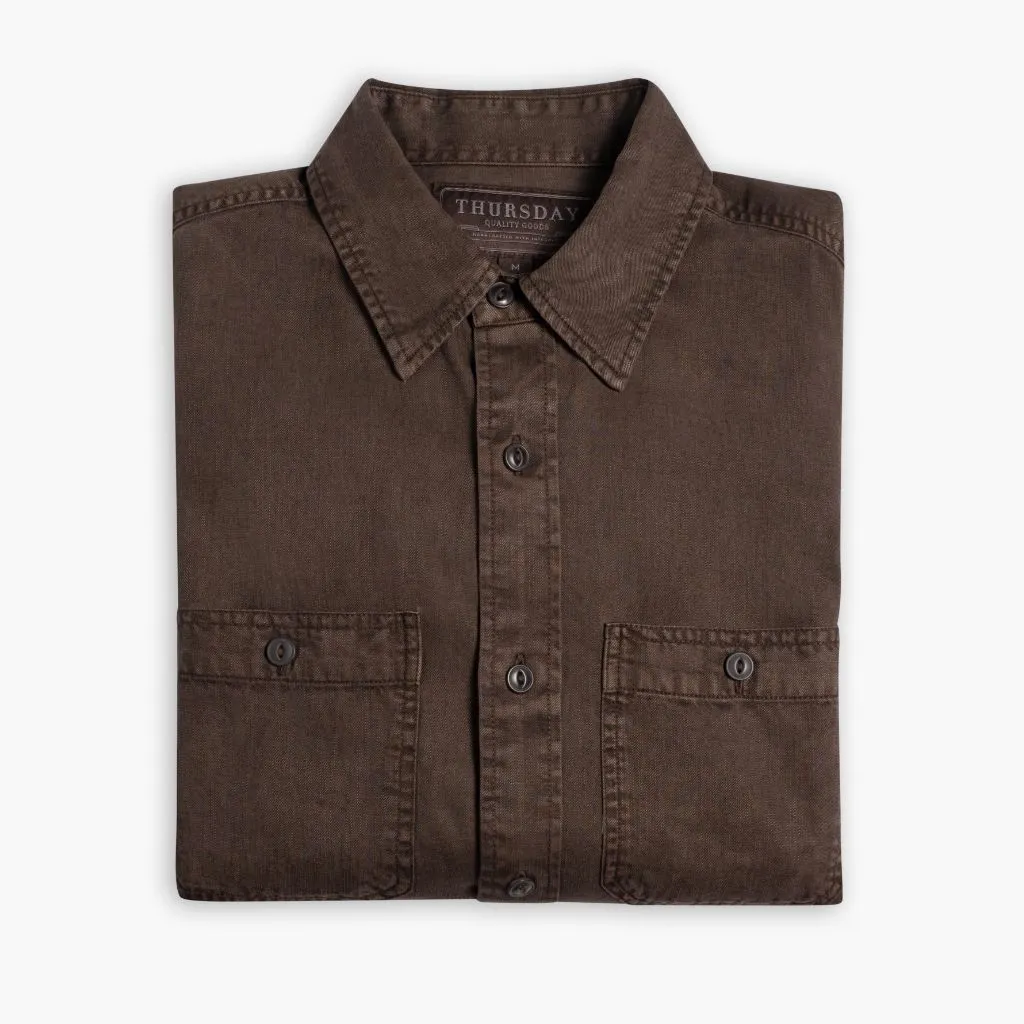 Runway Inspired Wrinkle Resistant Finish Chambray Workshirt | Brown
