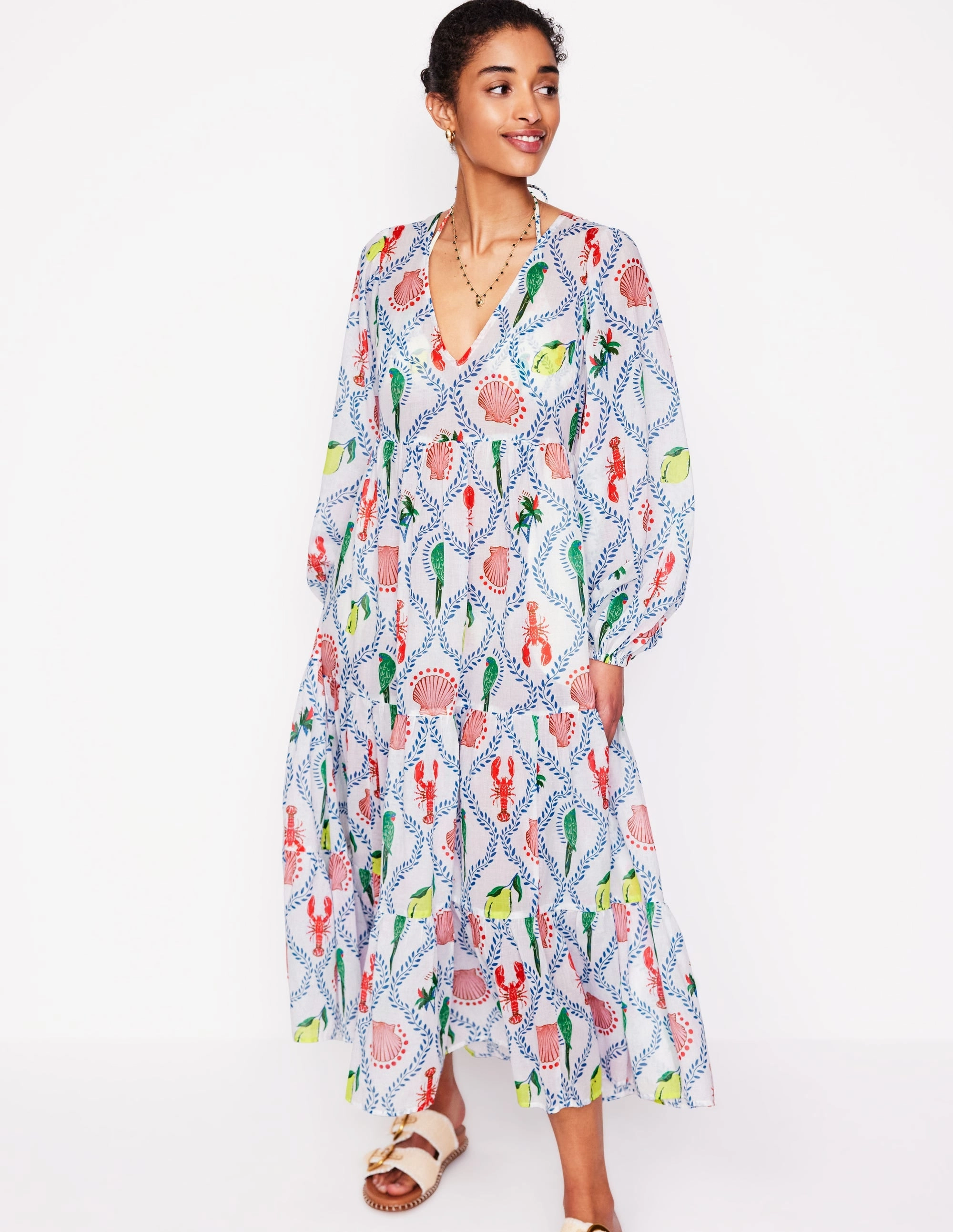 V-Neck Tiered Cotton Kaftan-Ivory, Tropical Bonanza Quiet Luxury