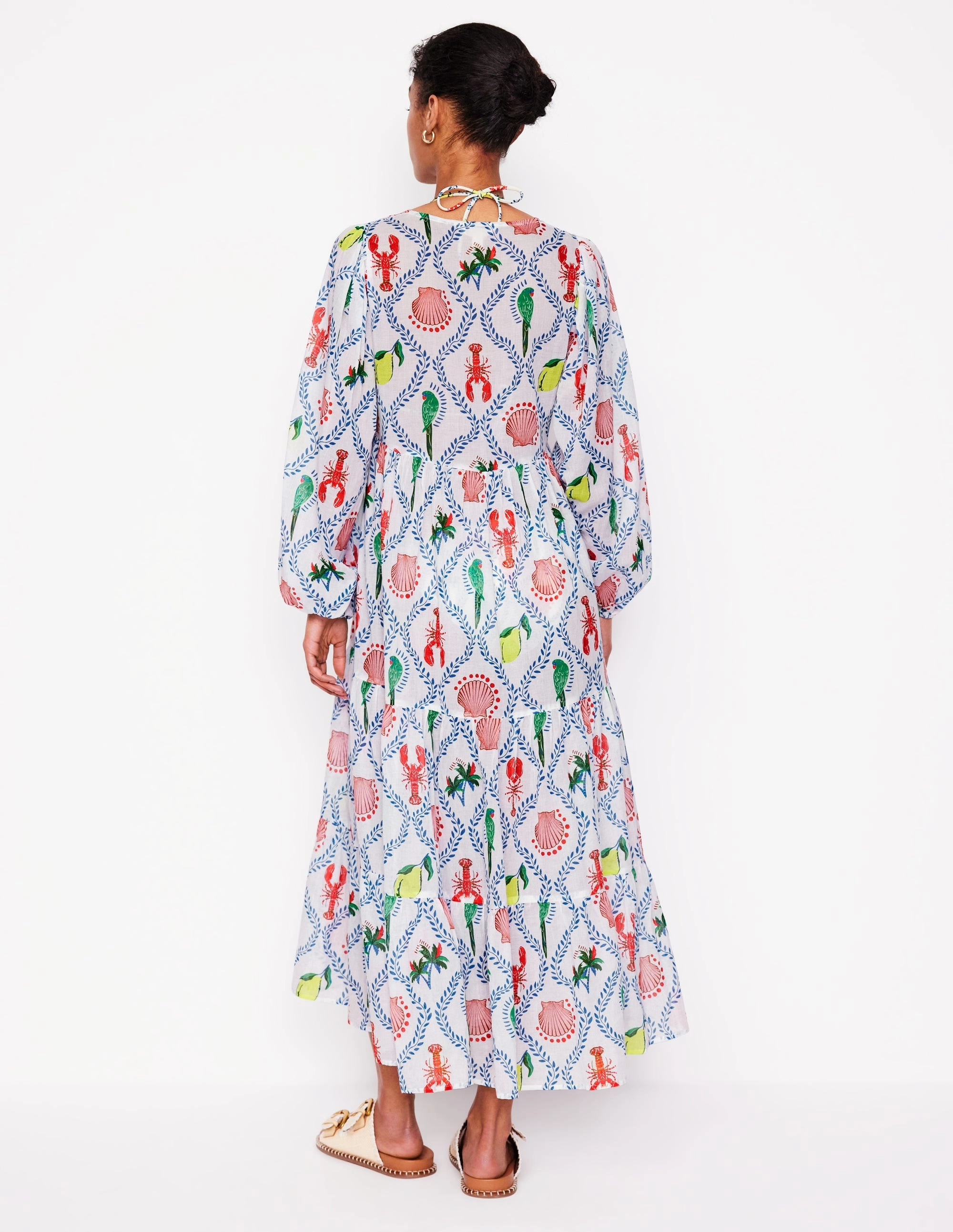 Soft Harmony V-Neck Tiered Cotton Kaftan-Ivory, Tropical Bonanza