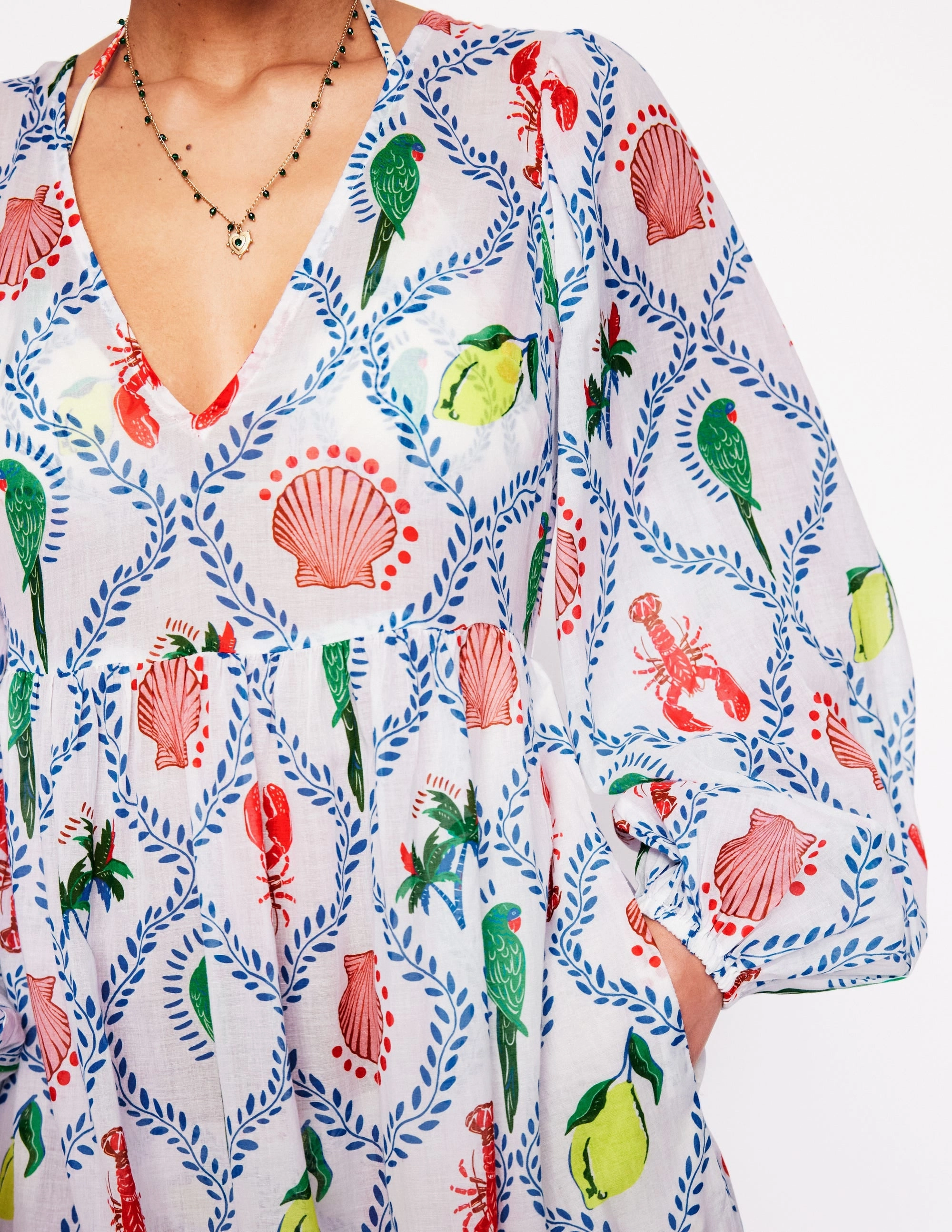 Weekend Casual V-Neck Tiered Cotton Kaftan-Ivory, Tropical Bonanza