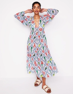 Flattering Silhouette Wear V-Neck Tiered Cotton Kaftan-Ivory, Tropical Bonanza