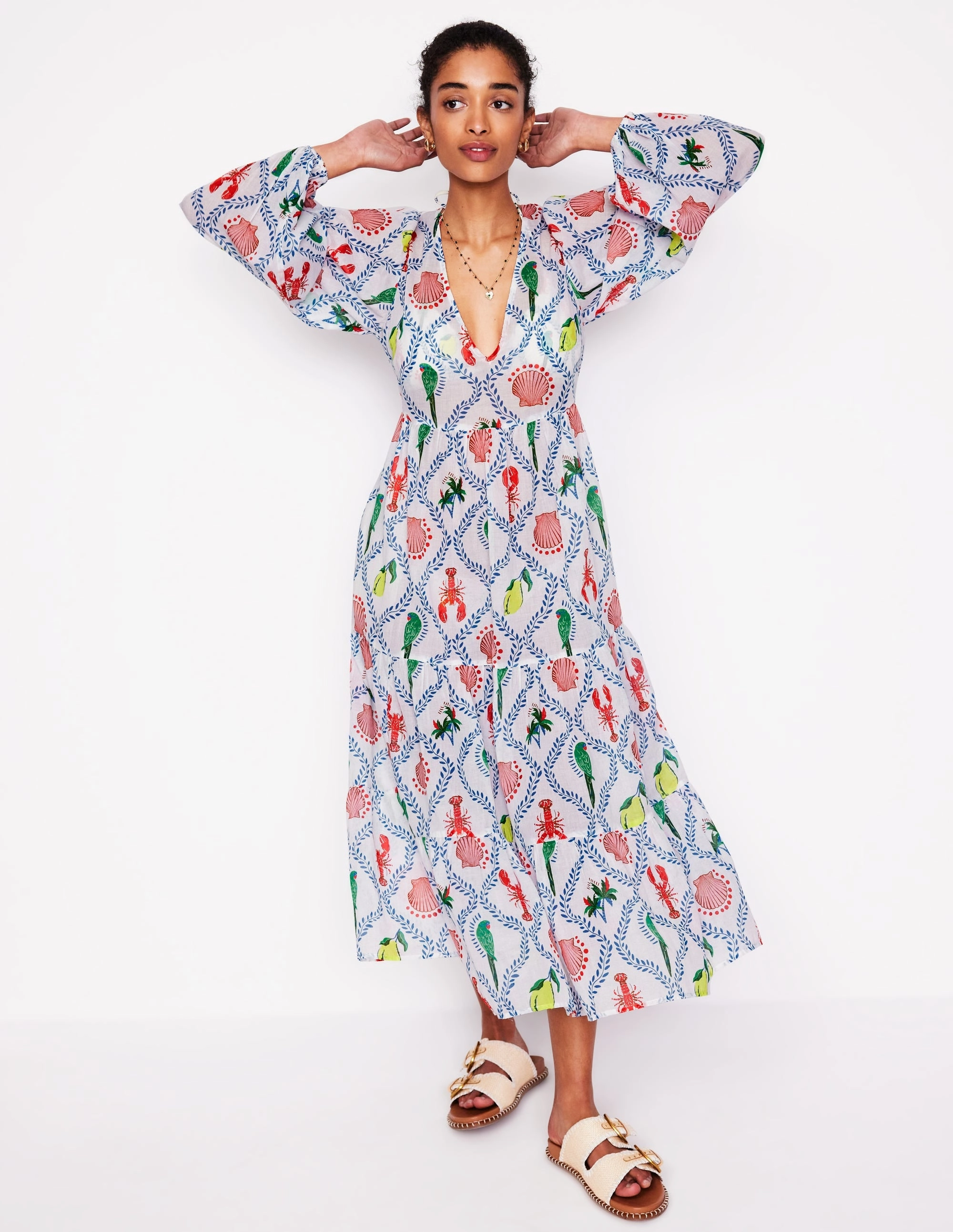 Flattering Silhouette Wear V-Neck Tiered Cotton Kaftan-Ivory, Tropical Bonanza