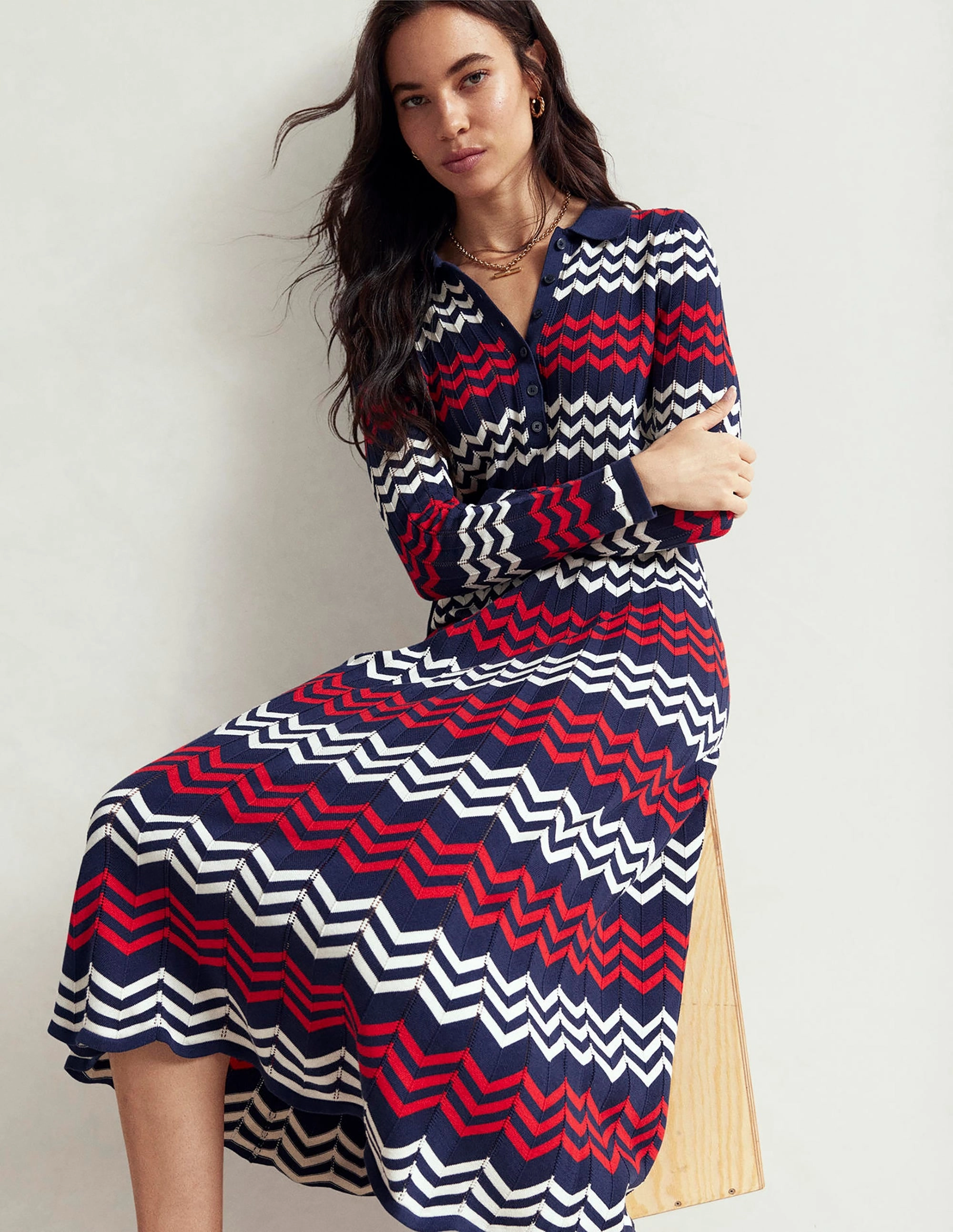 Fall Go Tall Girl Chevron Stitch Midi Dress-Navy, Red and Ivory Chevron