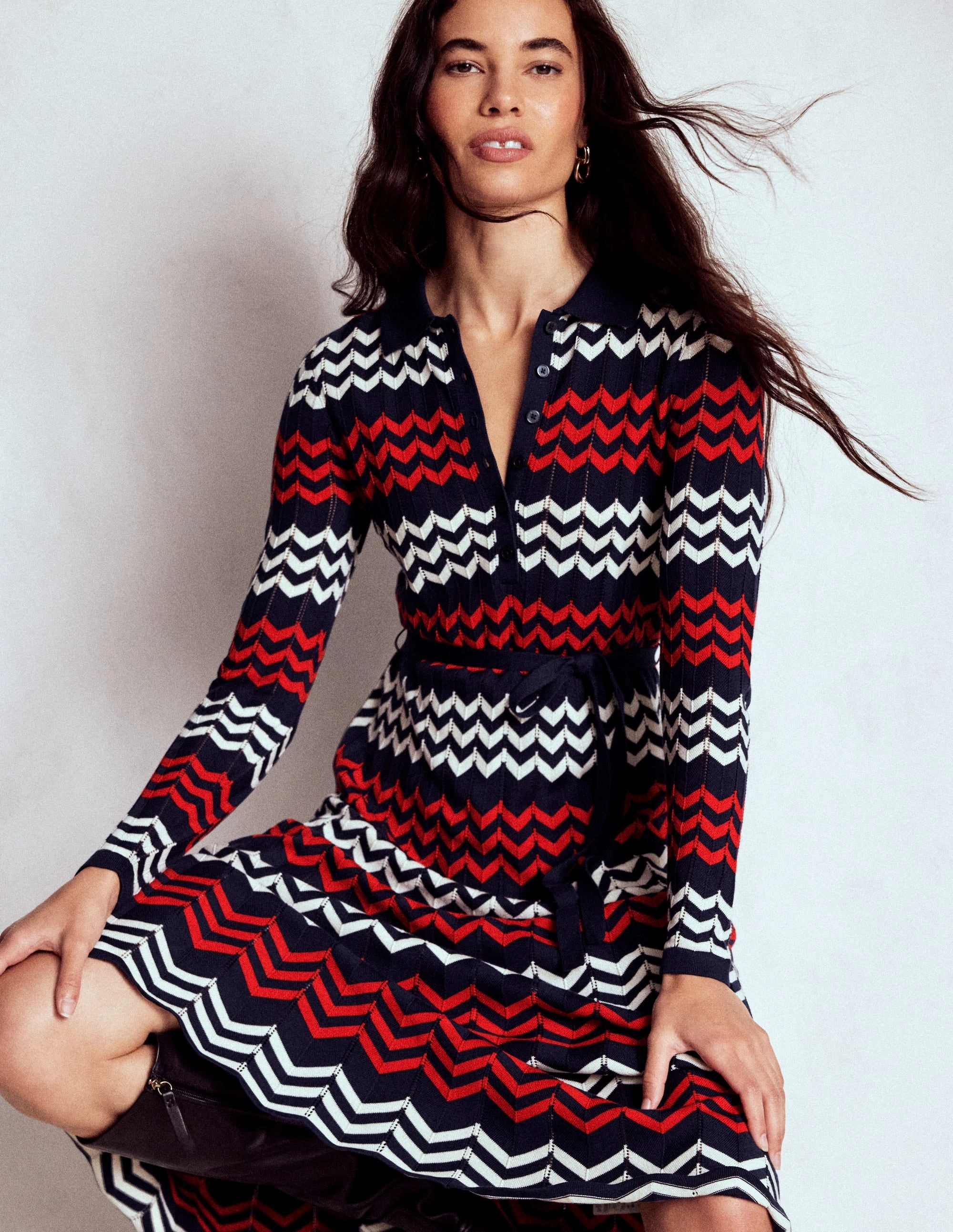 Chevron Stitch Midi Dress-Navy, Red and Ivory Chevron Premium Quality