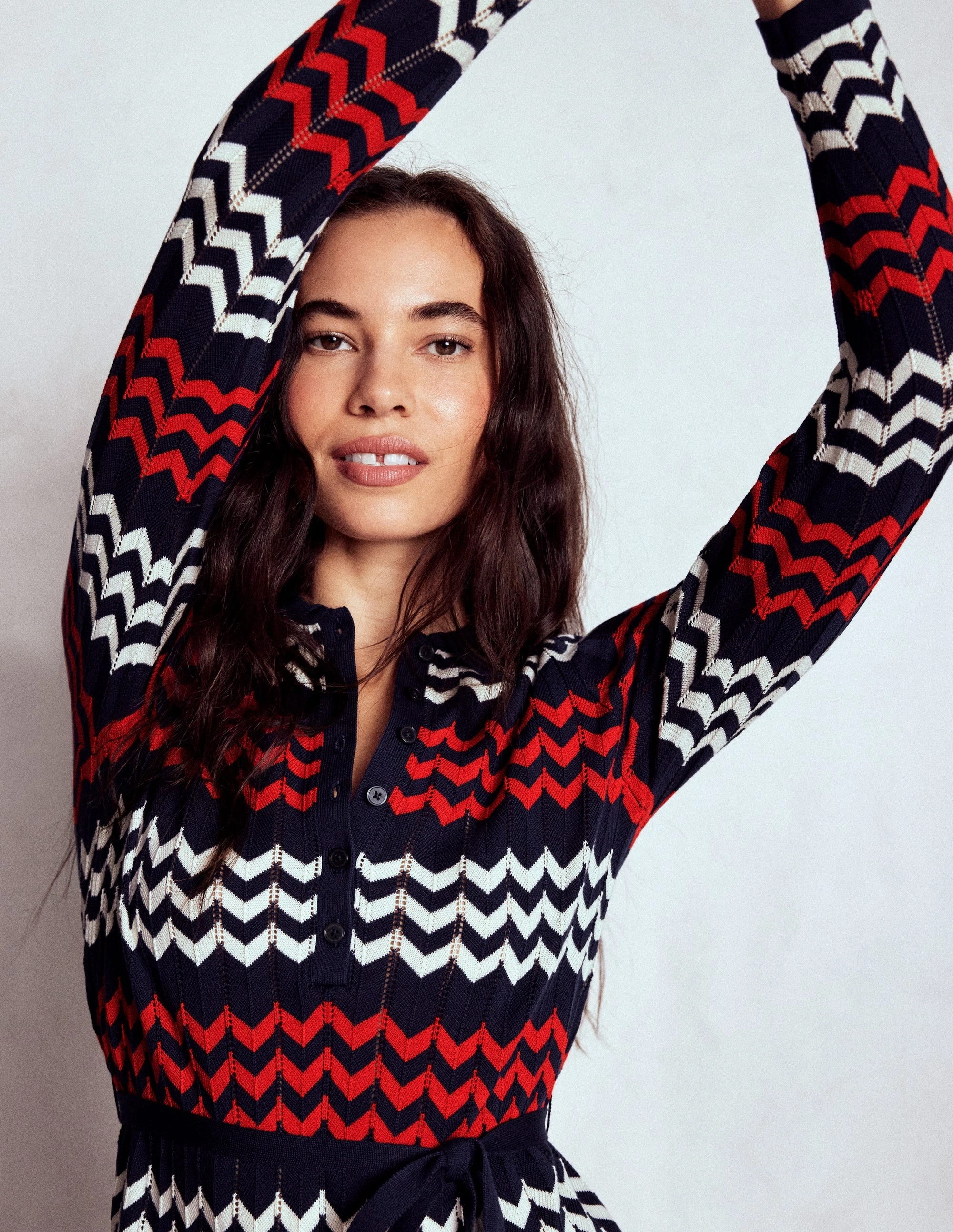 Chevron Stitch Midi Dress-Navy, Red and Ivory Chevron Flare Breeze