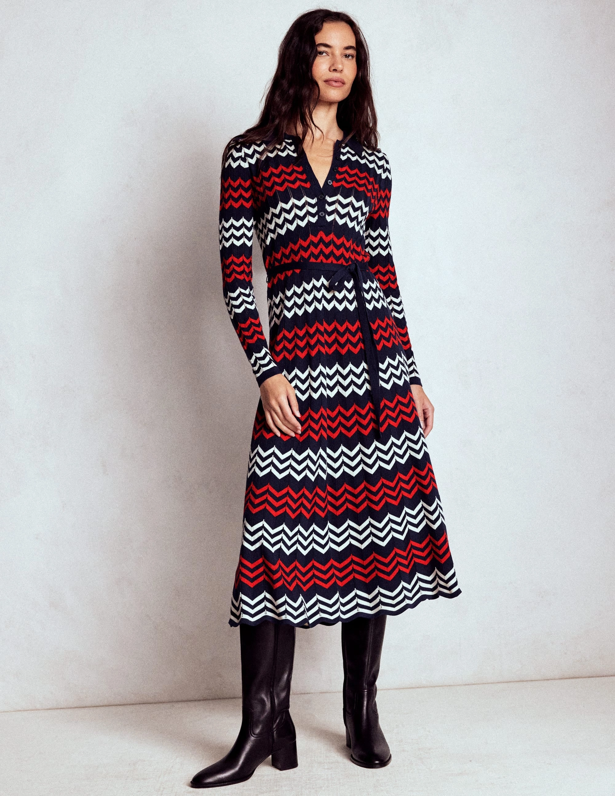 Chevron Stitch Midi Dress-Navy, Red and Ivory Chevron Sage Glow Subtle Finish