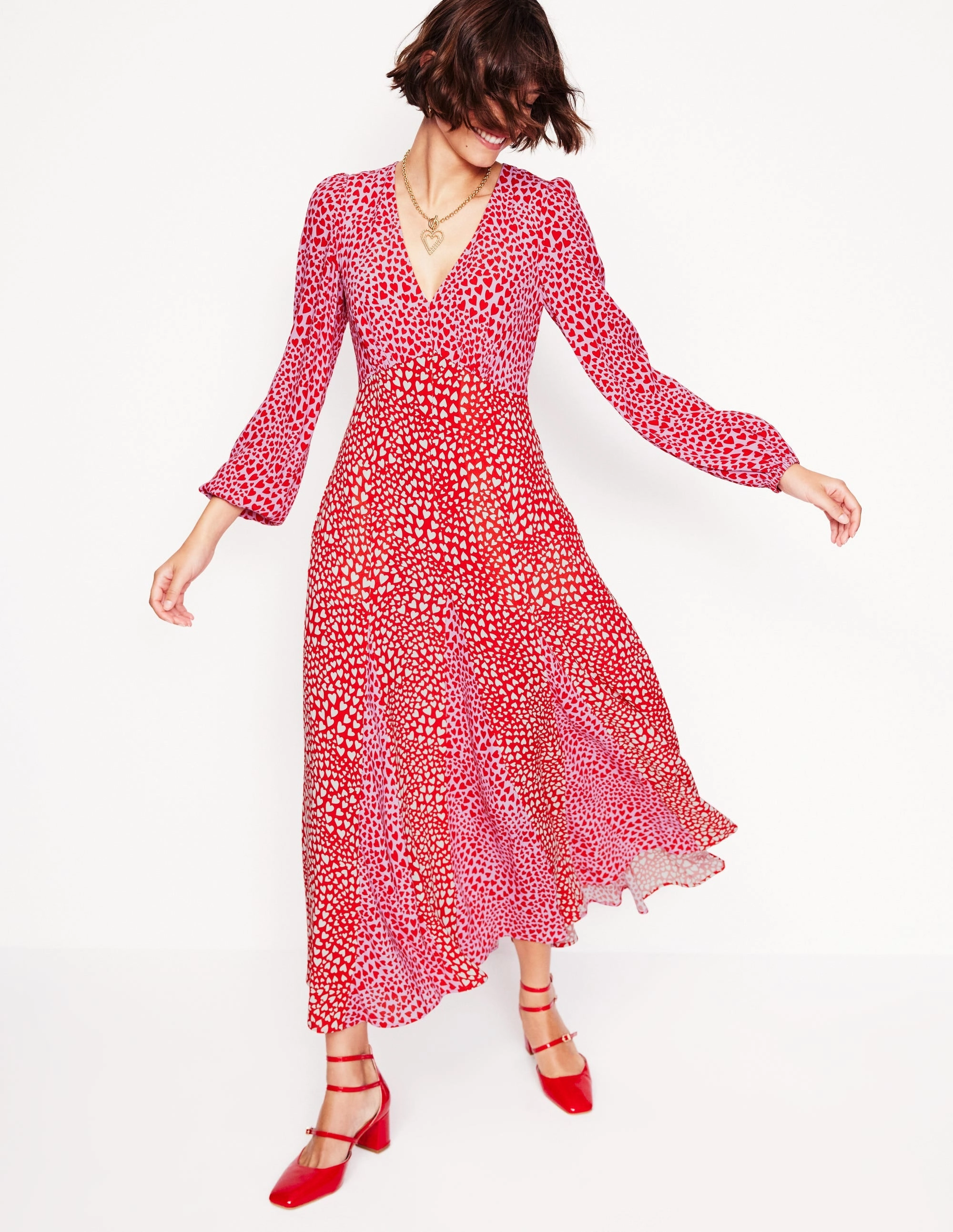 Lisa Long Sleeve Tea Dress-Pink, Heart Cluster Picture Perfect