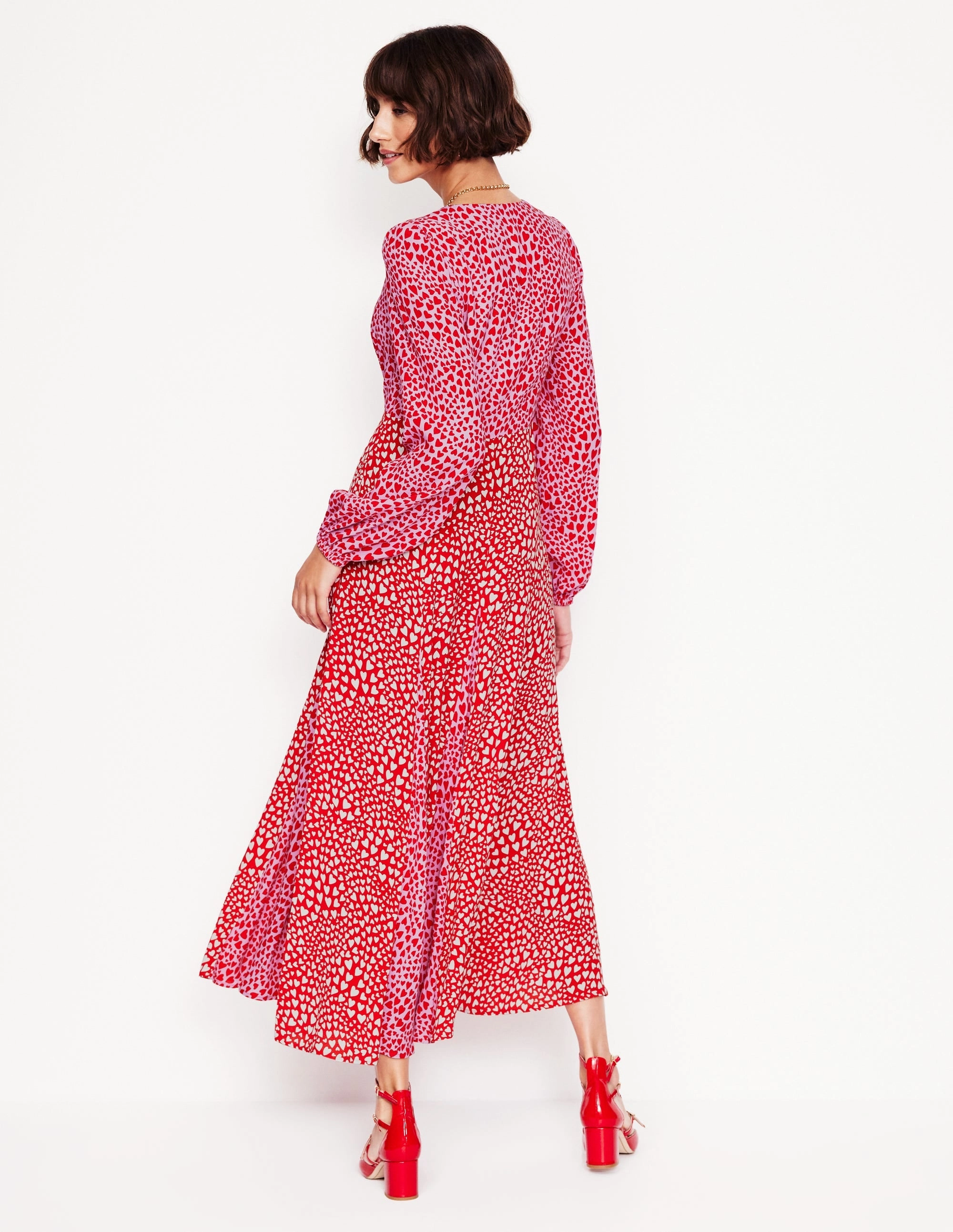 Geometric-pattern Lisa Long Sleeve Tea Dress-Pink, Heart Cluster