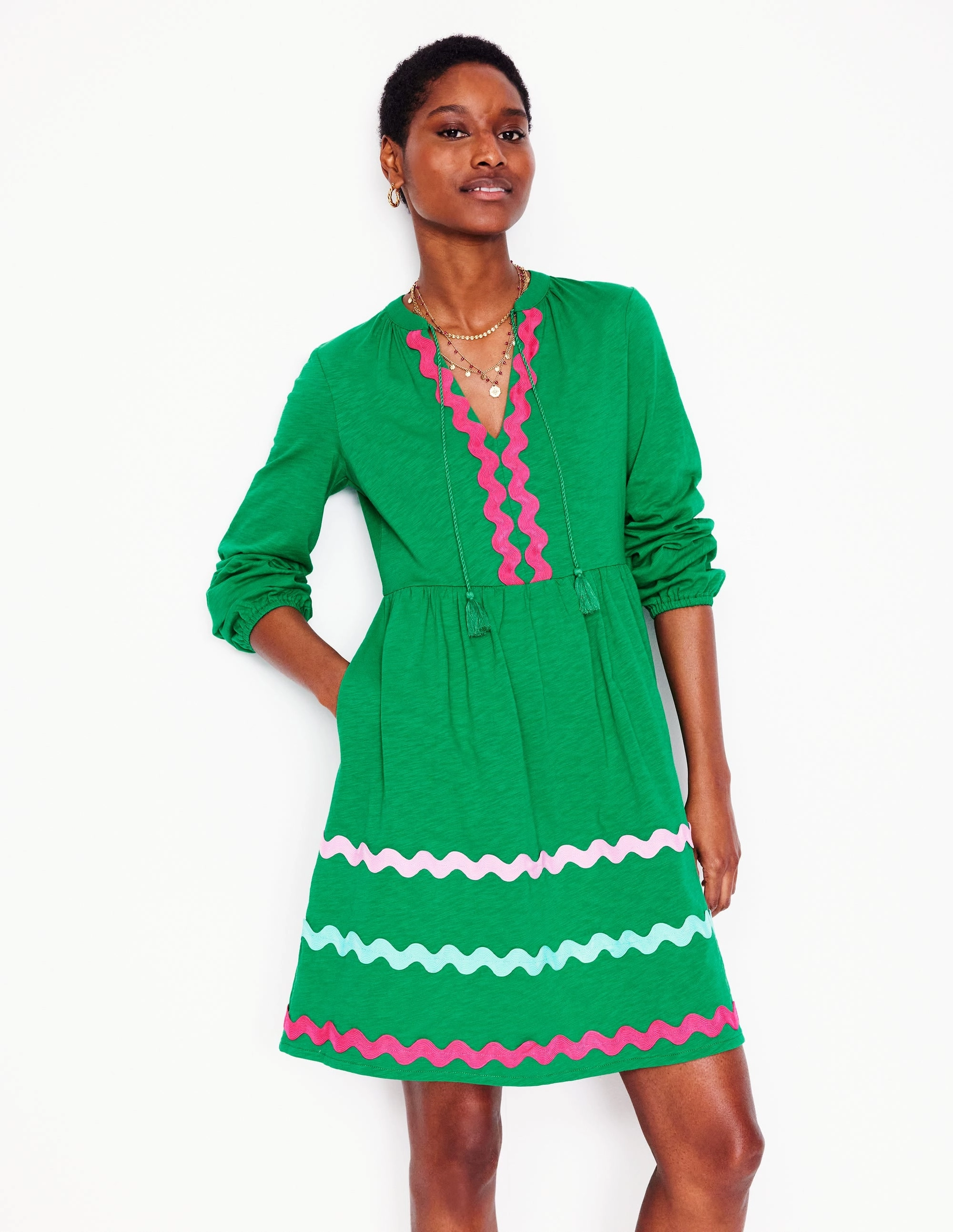 Fresh Glow Corinna Ric Rac Jersey Dress-Rich Emerald