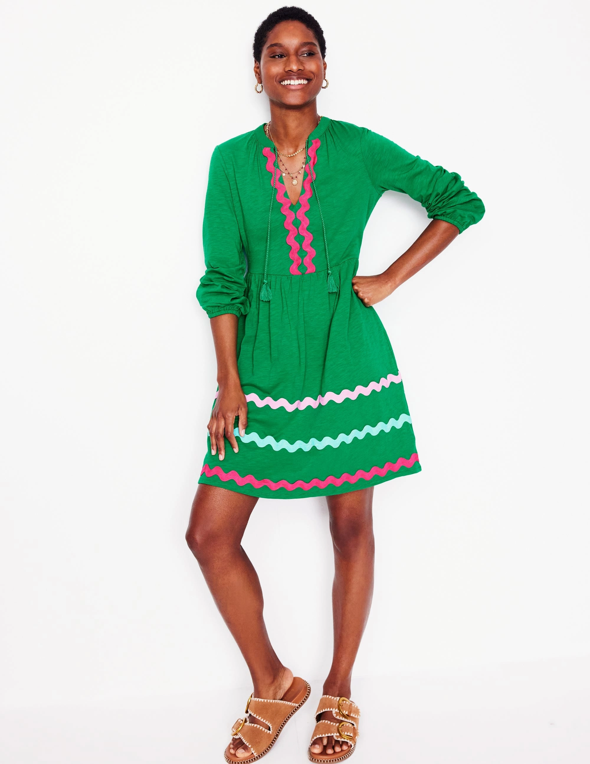 Corinna Ric Rac Jersey Dress-Rich Emerald Easy Draping