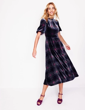 Tailored Wear High Neck Velvet Dress-Navy and Red Check