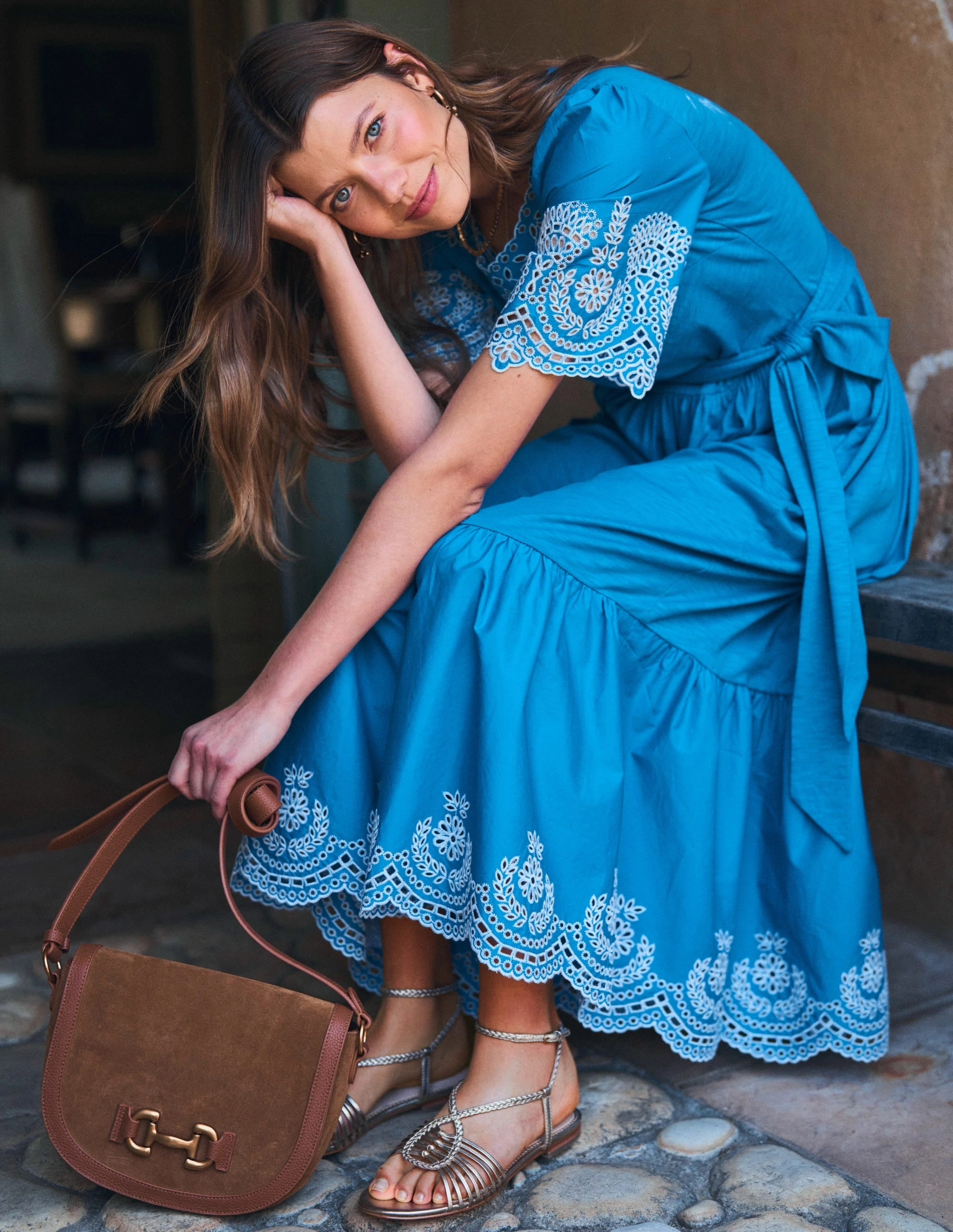 Isabel Broderie Mix maxi Dress-Cerulean Blue Matte-Lining