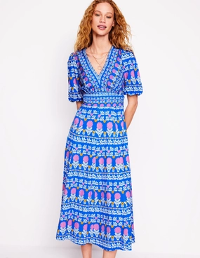 All-Occasion Wear Ponte Puff Sleeve Tea Dress-Gallery Blue, Dahlia Garden